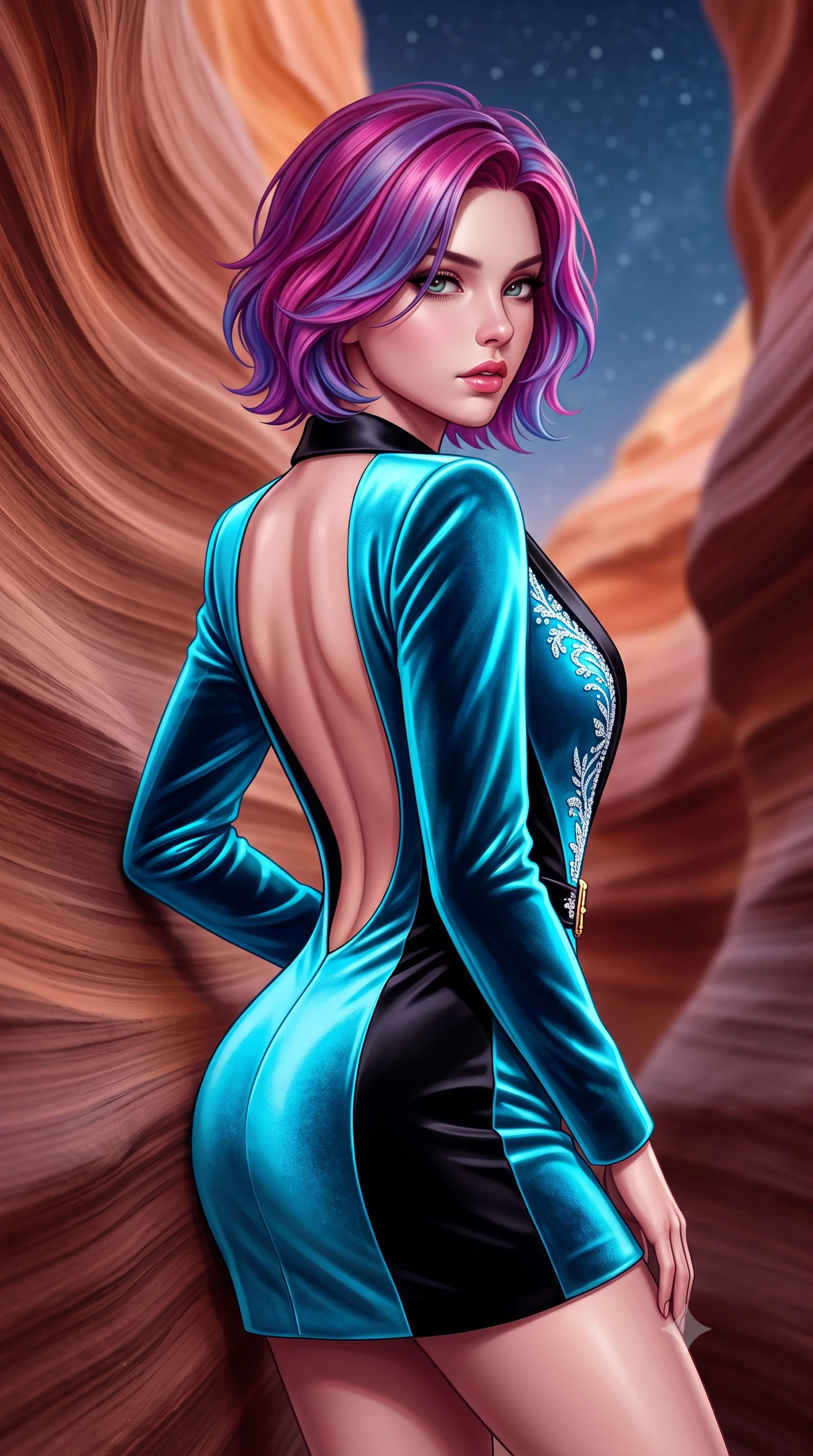 score_9, masterpiece, best quality, ultra-detailed, high-budget anime keyframe, semi-realistic 3D game render, editorial fashion photography, tasteful artistic composition, Caucasian woman. close-up cowboy shot from the waist and thighs up, the character dominates the composition, filling the frame with her large presence. leaning back with relaxed seductive grace, her sculpted collarbones and narrow waist highlighted as she casts smoldering bedroom-eyes directly into the camera while leaning back against the striated sandstone canyon wall with hips cocked back, glancing over her shoulder with an alluring, enigmatic desert-queen gaze. The composition keeps background elements in soft focus with creamy bokeh. curving sandstone slot canyon walls and starry desert night sky softened in magical oriental shallow focus. She has an exceptionally elegant, slender, and willowy female figure with an ultra-slim waist, flat toned midriff, narrow ribcage, and sculpted feminine hips creating an alluring, slim hourglass silhouette without bulk. sharp v-shaped jawline, high-bridge nose, intricate jewel-like eyes with depth, thick eyelashes, glossy parted lips with a natural sheen, intensely captivating and seductive bedroom-eyes expression, flawlessly proportioned anatomical accuracy, strict slender model proportions, natural body alignment, perfectly sculpted long slender limbs, ultra-slim waistline, clean dynamic posture without body distortion. wearing a tailored velvet tuxedo jacket dress with satin lapels, worn with a deep plunge neckline and gold hip buckle in neon electric cyan and lacquer black, tailored from ultra-smooth duchess satin with a pearlescent sheen, finished with delicate crystal frost embroidery tracing the plunging neckline, the dramatically scooped open back descending to the base of her spine, accentuating her razor-sharp statuesque lines and slim hourglass silhouette. illuminated by warm sandstone ambient reflections sharply contouring her razor-sharp jawline, narrow waist, and curvy hips. highly saturated vibrant anime colors, detailed shading with soft gradients, rich glossy textures, high-contrast stereoscopic depth, volumetric dynamic lighting, master piece, 9:16 ratio
