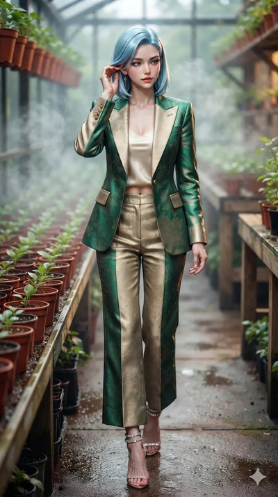Korean woman. gently brushing a lock of glossy hair behind her ear while casting a playful, flirtatious side-gaze with long eyelashes while stepping slowly down the narrow aisle between green seedling flats with feline poise, hips swaying in an alluring rhythm. The background shows a soft-focus endless tiers of green seedlings in terracotta...