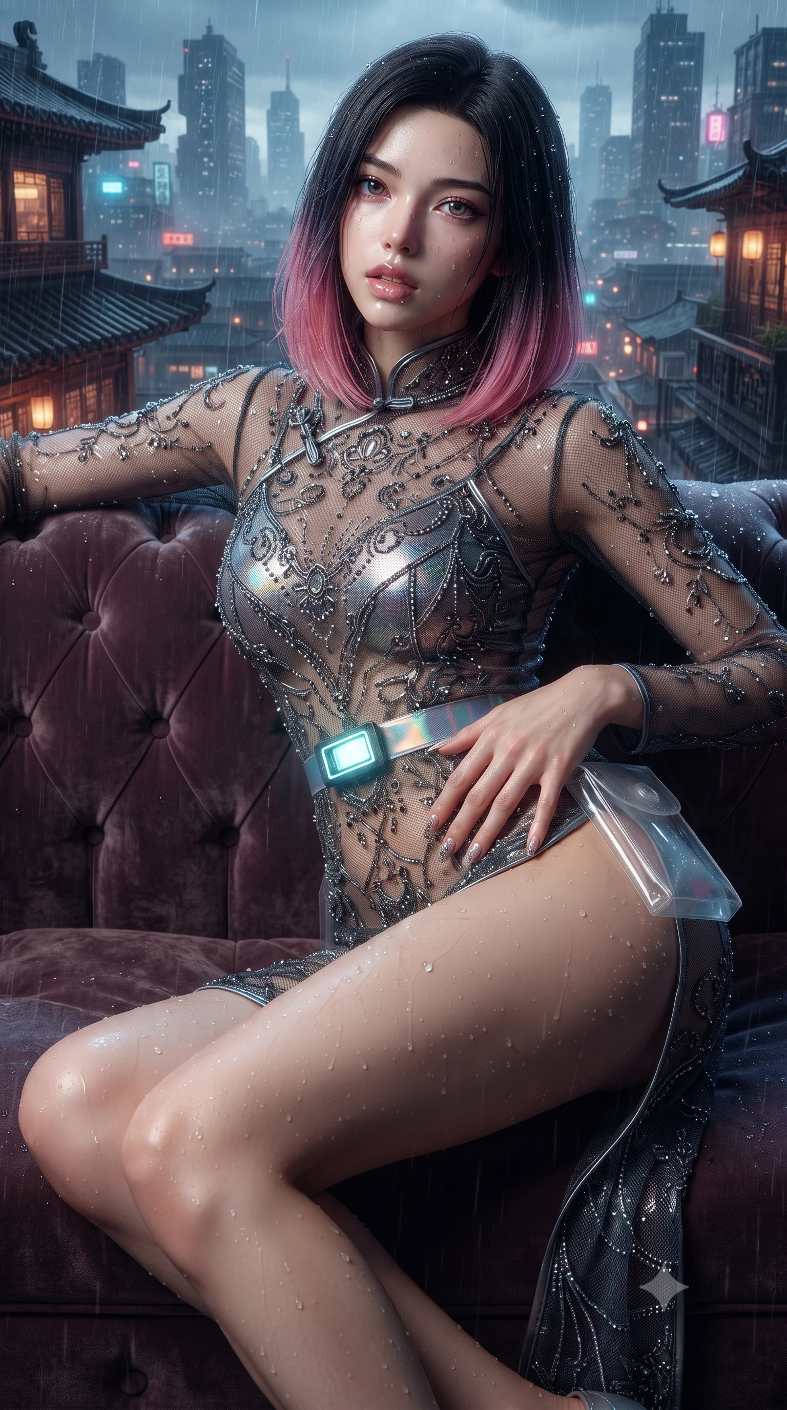 score_9, masterpiece, best quality, ultra-detailed, high-budget anime keyframe, editorial fashion photography, tasteful artistic composition, Korean woman. close-up cowboy shot from the waist and thighs up, the character dominates the composition, filling the frame with her large presence. resting one manicured hand delicately on her hip bone, her upper body turning in a fluid, seductive S-curve while parted lips glisten in the light while reclining on a vintage velvet Chesterfield sofa inside a rain-streaked rooftop teahouse, one knee drawn up in a seductive Cleopatra pose. The surrounding environment is rendered in vivid detail and crisp panoramic clarity. detailed embroidered silk qipao fabric sheen, raindrops on skin, and cyberpunk cityscape in high clarity. She has an exceptionally elegant, slender, and willowy female figure with an ultra-slim waist, a gracefully sculpted slender torso, toned flat midriff, and rounded feminine hips creating an alluring hourglass silhouette. sharp v-shaped jawline, high-bridge nose, intricate jewel-like eyes with depth, thick eyelashes, glossy parted lips with a natural sheen, intensely captivating and seductive bedroom-eyes expression, flawlessly proportioned anatomical accuracy, strict slender model proportions, natural body alignment, perfectly sculpted long slender limbs, ultra-slim waistline, clean dynamic posture without body distortion. wearing a sheer vintage mesh cheongsam adorned with intricate beadwork over an opaque silk slip in holographic silver prism and deep graphite, made of semi-translucent cybernetic vinyl with glowing micro-filaments, finished with a neon LED belt buckle and translucent vinyl tool pouch, the glove-like aerodynamic silhouette tightly following the natural contour of her hips and long slender legs with statuesque precision. illuminated by wet specular asphalt bounce lights sharply sculpting her narrow waist and rounded hips. ultra-reflective glossy finish, specular highlights, rich textural contrasts, high-contrast stereoscopic depth, volumetric dynamic lighting, 2k, ultra detail, master piece, 9:16 ratio