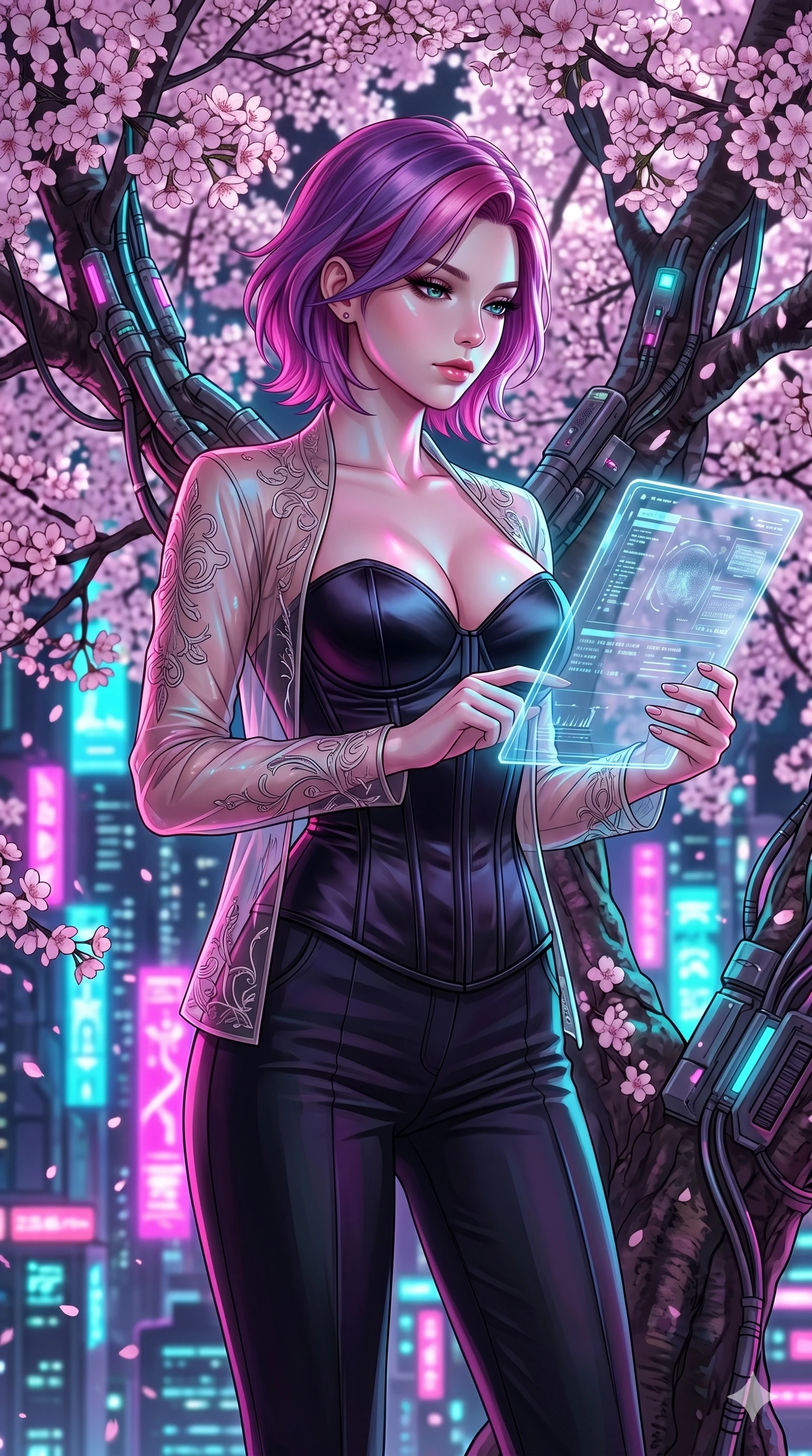 score_9, masterpiece, best quality, ultra-detailed, high-budget anime keyframe, editorial fashion photography, tasteful artistic composition, Caucasian woman, strictly human ears. cowboy shot from the thighs up, character and outfit filling the frame for maximum editorial presence. holding a floating electronic tablet, looking down with a composed expression standing under a blooming cherry tree in a modern cybernetic garden (Code-P18-192). She has an absolutely perfect 8-heads proportion, an exceptionally tall and slender female figure with impossibly long slender legs and an ultra-slim waist. V-shaped jawline, high-bridge nose, intricate jewel-like eyes with depth, thick eyelashes, glossy lips with a natural sheen. wearing a structured satin corset showing her cleavage and a sheer jacket. vibrant magenta and cyan city lights casting colorful specular highlights on her skin. 2k, ultra detail, master piece, 9:16 ratio