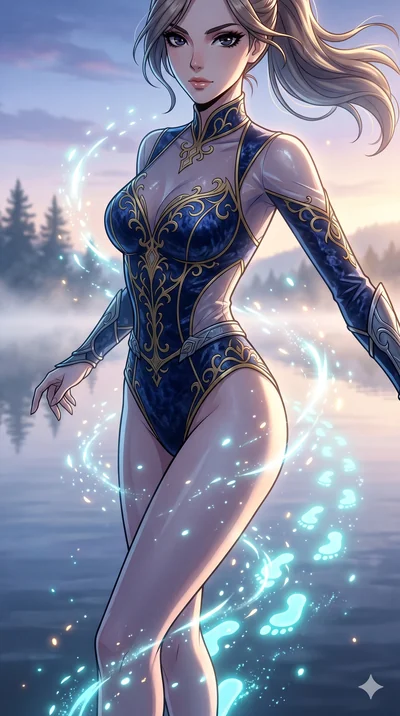 score_9, masterpiece, best quality, ultra-detailed, Set A: High-budget Anime Keyframe, Caucasian (strictly human ears) woman. Upper body close-up from the thighs up, character filling the screen for maximum presence. Sliding through a misty lakeside 