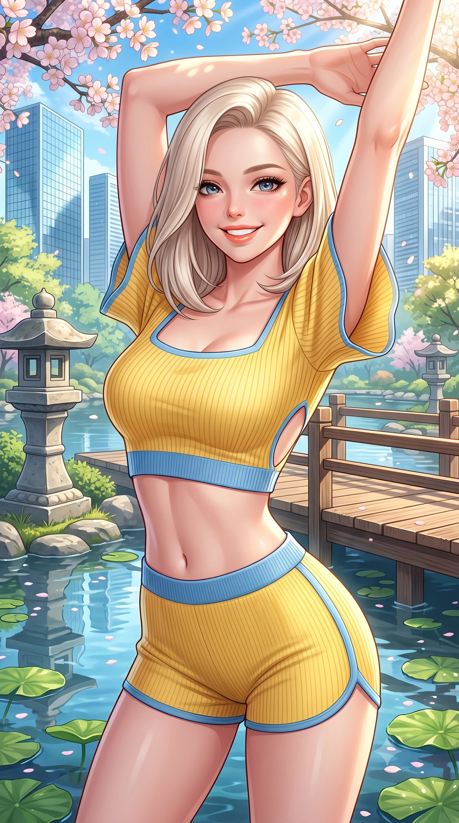 score_9, masterpiece, best quality, ultra-detailed, high-budget anime keyframe, semi-realistic 3D game render, editorial fashion photography, tasteful artistic composition, Caucasian woman. close-up cowboy shot from the waist and thighs up, the character dominates the composition, filling the frame with her large presence. playfully stretching one arm overhead toward the sun, her radiant smile capturing fresh girlhood charm while her arched torso reveals an intoxicating hip contour while twisting her slender torso in an alluring S-curve as modern glass skyscrapers reflect in the serene traditional pond waters below. The surrounding environment is rendered in vivid detail and crisp panoramic clarity. sharp stone lantern textures, wooden footbridge plank grain, and lotus leaf water caustics in deep focus. She has an exceptionally elegant, slender, and willowy female figure with an ultra-slim waist, flat toned midriff, narrow ribcage, and sculpted feminine hips creating an alluring, slim hourglass silhouette without bulk. sharp v-shaped jawline, high-bridge nose, intricate jewel-like sparkling eyes with depth, thick eyelashes, glossy parted lips with a natural peach sheen, bright cheerful beaming smile with an enchanting and coquettish sensual glint, exuding both youthful cute charm and seductive allure, flawlessly proportioned anatomical accuracy, strict slender model proportions, natural body alignment, perfectly sculpted long slender limbs, ultra-slim waistline, clean dynamic posture without body distortion. wearing a cropped knitted polo sweater paired with high-cut tailored tennis shorts hugging her rounded hips in sunny daffodil yellow and clear sky blue, formed from supple second-skin stretch ribbed knit clinging to her form, featuring elegant flutter sleeves and a graceful square neckline, the precision-cut side openings and low-back scoop framing her graceful spine and the sensual sweep of her slim, toned hips. bathed in bright morning spring sunlight scattering through blooming flower canopies. highly saturated vibrant anime colors, detailed shading with soft gradients, rich glossy textures, high-contrast stereoscopic depth, volumetric dynamic lighting, master piece, 9:16 ratio