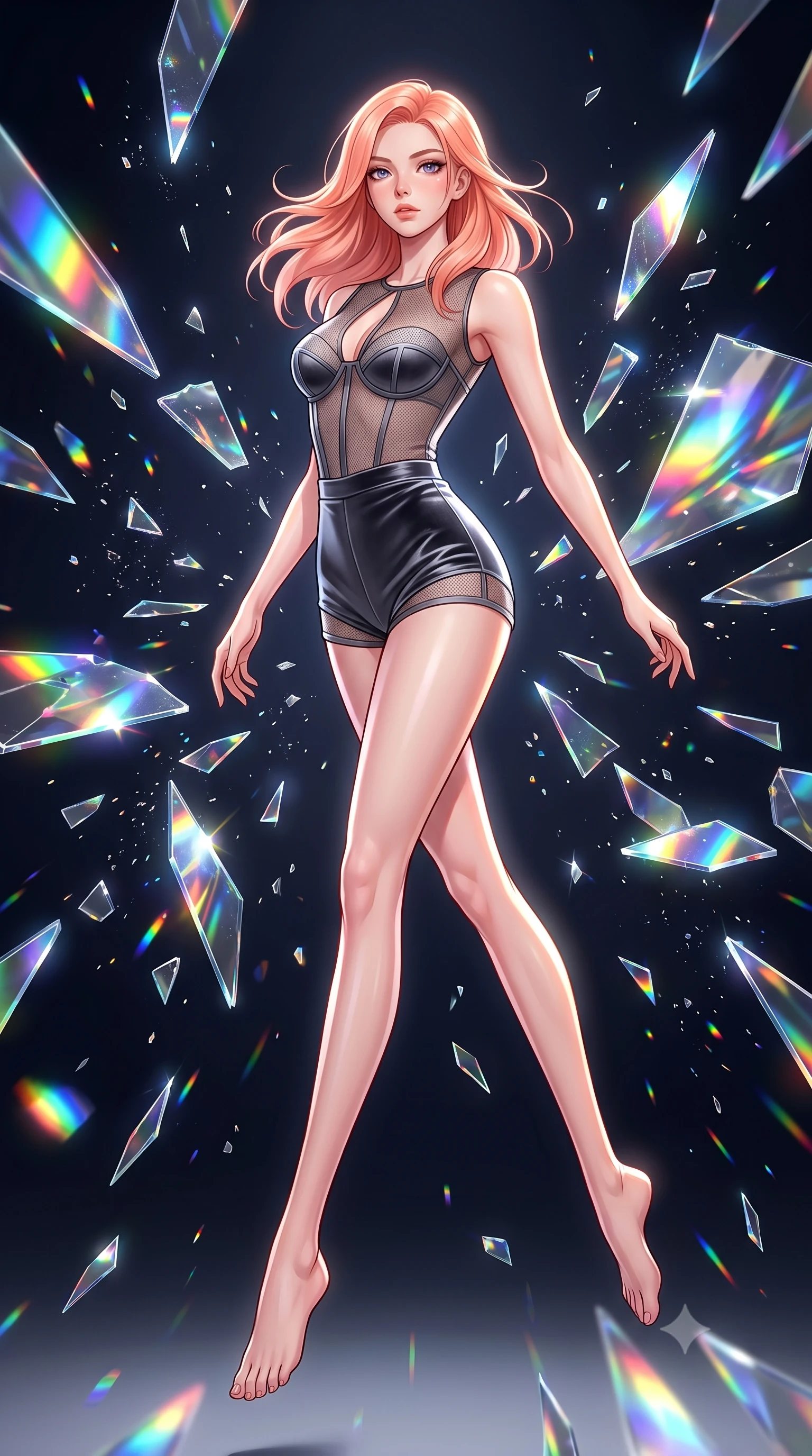 score_9, masterpiece, best quality, ultra-detailed, high-budget anime keyframe, editorial fashion photography, tasteful artistic composition, Japanese woman. low angle full-body shot from head to toe showing her feet, filling the entire 9:16 vertical frame with her statuesque presence, stretching her vertical silhouette. leaping gracefully through mid-air with statuesque elegance, her impossibly long slender legs stretched in perfect balance while poised in a dynamic low-angle stance as shattered mirror shards freeze around her, shattered mirror shards scattering brilliant rainbow reflections everywhere. She has an absolutely perfect, statuesque 8.5-heads proportion, an exceptionally tall and slender model-like female figure with impossibly long slender legs and an ultra-slim waist. sharp v-shaped jawline, high-bridge nose, intricate jewel-like eyes with depth, thick eyelashes, glossy lips with a natural sheen, flawlessly proportioned anatomical accuracy, natural body alignment, perfectly sculpted elegant limbs, clean dynamic posture without body distortion. wearing a delicate see-through mesh top with structured cup boning and micro-shorts in charcoal grey and platinum, made of premium stretch velvet with a rich sheen, accented with a Tasteful chest slit framing her clavicle gracefully, the sleek second-skin texture accentuating her magnetic presence. illuminated by high-contrast studio spotlights with sharp specular highlights. highly saturated vibrant anime colors, detailed shading with soft gradients, rich glossy textures, high-contrast stereoscopic depth, volumetric dynamic lighting, master piece, 9:16 ratio
