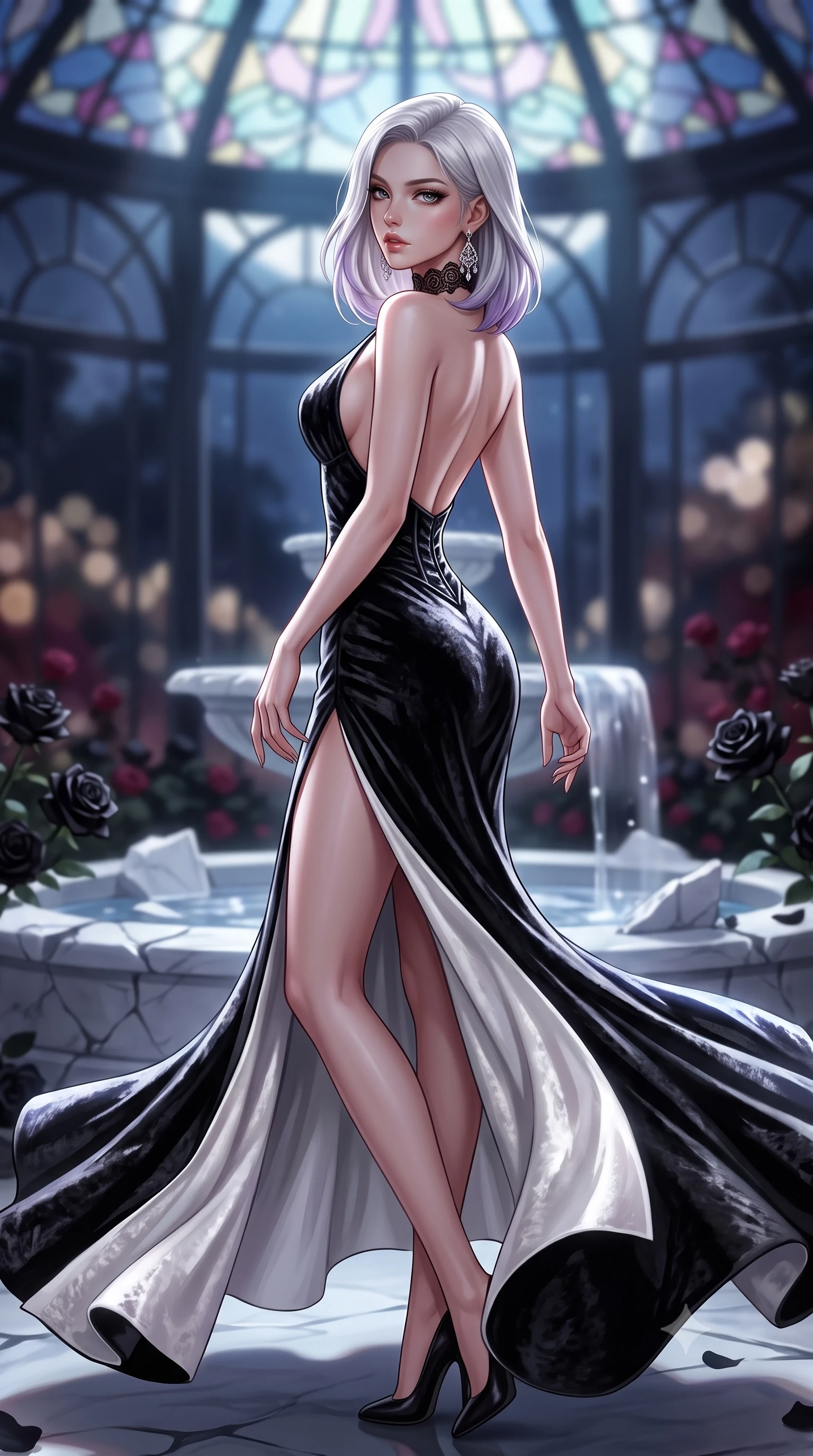 score_9, masterpiece, best quality, ultra-detailed, high-budget anime keyframe, semi-realistic 3D game render, editorial fashion photography, tasteful artistic composition, Caucasian woman. low angle full-body shot from head to toe showing her feet, filling the entire 9:16 vertical frame with her statuesque presence, stretching her vertical silhouette. executing an elegant mid-motion turn as garments swirl around her slender limbs, glancing over her shoulder with smoldering allure while arching her spine in a fluid, serpentine curve against a shattered marble fountain as silver moonlight filters through stained glass. The composition keeps background elements in soft focus with creamy bokeh. moonlit orangerie glass framework and blooming black rose petals blurred into deep obsidian, wine-ruby, and lunar-silver bokeh. She has an absolutely perfect, statuesque 8.5-heads proportion, an exceptionally tall and slender model-like female figure with impossibly long slender legs, a toned flat midriff, and an ultra-slim waist. sharp v-shaped jawline, high-bridge nose, intricate jewel-like eyes with depth, thick eyelashes, glossy parted lips with a natural sheen, intensely captivating and seductive expression, flawlessly proportioned anatomical accuracy, strict slender model proportions, natural body alignment, perfectly sculpted long slender limbs, ultra-slim waistline, clean dynamic posture without body distortion. wearing a plunging-V neckline crushed velvet corseted evening gown with an open scooped back and high-cut thigh slit in high-contrast black velvet and pearl white, crafted from heavyweight crushed silk velvet with liquid luster, finished with a dramatic filigree Victorian choker and chandelier earrings, the liquid-tight tailored fabric emphasizing every curve of her tall, slender model proportions and sculptured silhouette during dynamic movement. illuminated by dramatic chiaroscuro key light sharply carving her slender waist, bare collarbones, and jawline. highly saturated vibrant anime colors, detailed shading with soft gradients, rich glossy textures, high-contrast stereoscopic depth, volumetric dynamic lighting, master piece, 9:16 ratio