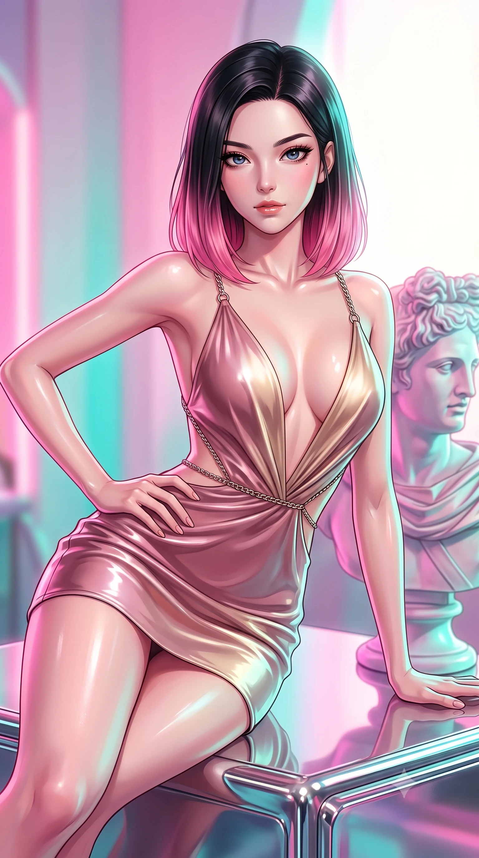 score_9, masterpiece, best quality, ultra-detailed, high-budget anime keyframe, editorial fashion photography, tasteful artistic composition, Korean woman. close-up cowboy shot from the waist and thighs up, the character dominates the composition, filling the frame with her large presence, background elements kept in soft focus. Holding a powerful dynamic pose with one hand on her hip and body angled dramatically toward the key light while lounging dynamically on a chrome platform beside a classical marble bust statue in neon light, pastel pink and turquoise gradients creating a nostalgic 80s aesthetic. She has an exceptionally elegant, slender, and willowy female figure with an ultra-slim waist, a gracefully sculpted slender torso, and a refined silhouette. sharp v-shaped jawline, high-bridge nose, intricate jewel-like eyes with depth, thick eyelashes, glossy lips with a natural sheen, flawlessly proportioned anatomical accuracy, natural body alignment, perfectly sculpted elegant limbs, clean dynamic posture without body distortion. wearing a liquid mercury gloss mini dress with ultra-deep V-neck and waist cutouts in dusty rose and champagne gold, crafted from smooth liquid silk, adorned with delicate metallic chain straps along the neckline, the elegant draped fit framing her graceful clavicle and slender torso. illuminated by retro lo-fi backlighting and brilliant liquid speculars. highly saturated vibrant anime colors, detailed shading with soft gradients, rich glossy textures, high-contrast stereoscopic depth, volumetric dynamic lighting, master piece, 9:16 ratio