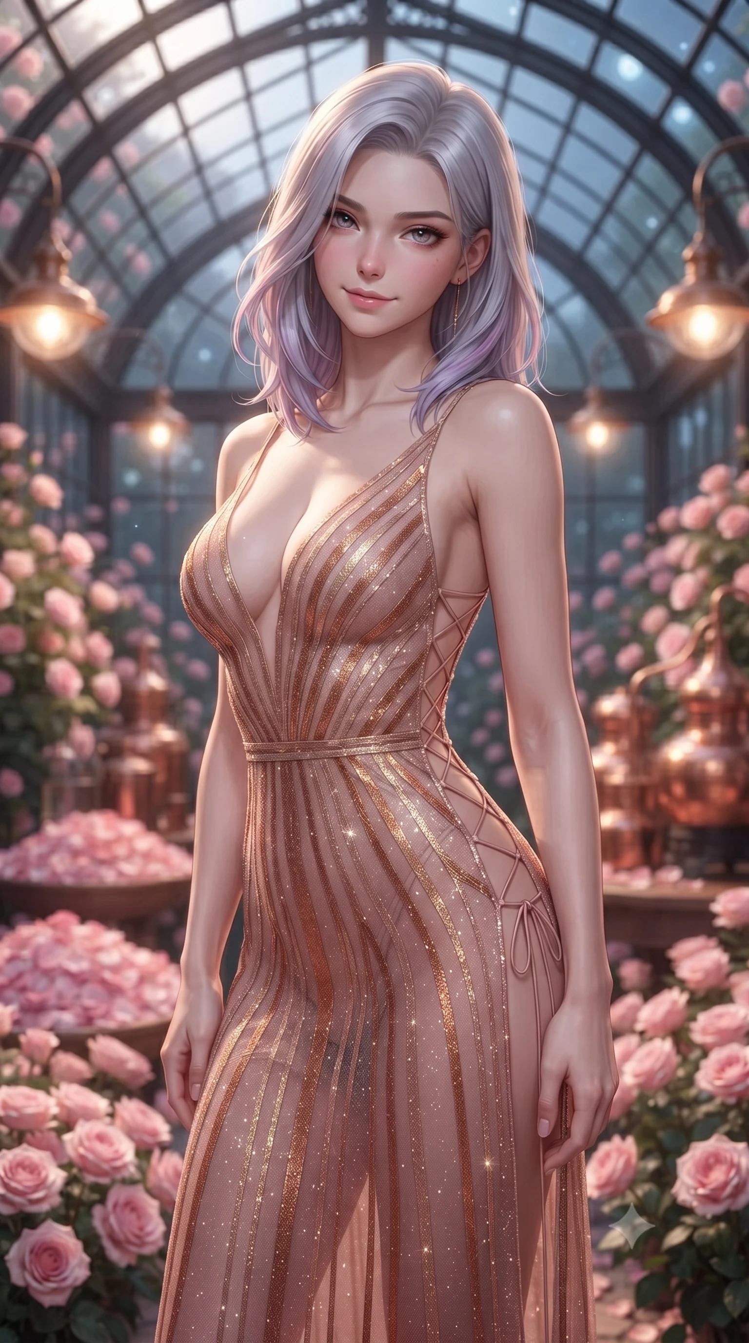 score_9, masterpiece, best quality, ultra-detailed, high-budget anime keyframe, editorial fashion photography, tasteful artistic composition, Caucasian woman. close-up cowboy shot from the waist and thighs up, the character dominates the composition, filling the frame with her large presence. tilting her head with a teasing half-smile, running one hand slowly down the side of her hip in a flirtatious S-curve as ambient light caresses her silhouette while standing poised beneath the vaulted iron-and-glass greenhouse roof surrounded by thousands of fragrant May roses, arching her lower back with magnetic seductive grace. The background shows a soft-focus mounds of fresh pink centifolia rose petals, polished antique copper perfumery stills, and moonlit olive groves through glass blurred into blush pink, copper, and emerald bokeh. She has an exceptionally elegant, slender, and willowy female figure with an ultra-slim waist, flat toned midriff, narrow ribcage, and sculpted feminine hips creating an alluring, slim hourglass silhouette without bulk. sharp v-shaped jawline, high-bridge nose, intricate jewel-like sparkling eyes with depth, thick eyelashes, glossy parted lips with a natural peach sheen, bright cheerful beaming smile with an enchanting and coquettish sensual glint, exuding both youthful cute charm and seductive allure, flawlessly proportioned anatomical accuracy, strict slender model proportions, natural body alignment, perfectly sculpted long slender limbs, ultra-slim waistline, clean dynamic posture without body distortion. wearing a plunge-front sheer illusion tulle slip dress with liquid gold ribbon stripes hugging her curves in Grasse centifolia rose petal blush and burnished copper, woven from stretch metallic lurex jersey casting radiant starlight glints across her curves, featuring fine criss-cross lace-up side ties revealing tantalizing glimpses of her hip curve, the bespoke structured tailoring following the natural line of her 8.5-heads silhouette with refined elegance. bathed in the warm golden 2500K glow of antique brass factory lamps mixed with silver moonlight through glass. ultra-reflective glossy finish, specular highlights, rich textural contrasts, high-contrast stereoscopic depth, volumetric dynamic lighting, 2k, ultra detail, master piece, 9:16 ratio