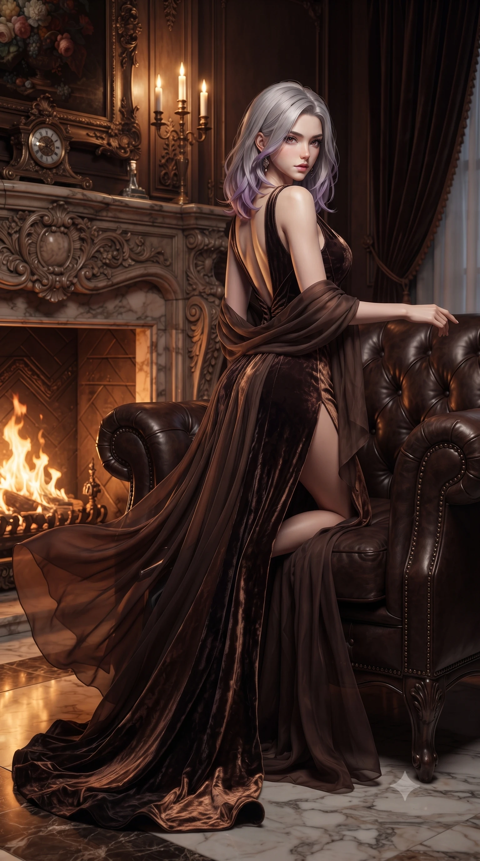 score_9, masterpiece, best quality, ultra-detailed, high-budget anime keyframe, editorial fashion photography, tasteful artistic composition, Caucasian woman. low angle full-body shot from head to toe showing her feet, filling the entire 9:16 vertical frame with her statuesque presence, stretching her vertical silhouette. executing an elegant mid-motion turn as garments swirl around her slender limbs, glancing over her shoulder with smoldering allure while curling languidly in an oversized tufted leather armchair, gazing directly into the lens with magnetic bedroom-eyes. The surrounding environment is rendered in vivid detail and crisp panoramic clarity. detailed baroque fireplace carvings, velvet fabric pile sheen, and dancing flame reflections in high clarity. She has an absolutely perfect, statuesque 8.5-heads proportion, an exceptionally tall and slender model-like female figure with impossibly long slender legs, a toned flat midriff, and an ultra-slim waist. sharp v-shaped jawline, high-bridge nose, intricate jewel-like eyes with depth, thick eyelashes, glossy parted lips with a natural sheen, intensely captivating and seductive expression, flawlessly proportioned anatomical accuracy, strict slender model proportions, natural body alignment, perfectly sculpted long slender limbs, ultra-slim waistline, clean dynamic posture without body distortion. wearing a plunging-V neckline crushed velvet corseted evening gown with an open scooped back and high-cut thigh slit in shadowy espresso brown and molten bronze, woven from layered gossamer chiffon with a weightless sweeping drape, finished with a gossamer silk shawl draped loosely over her elbows, the form-contouring material adhering flawlessly to her sculpted flat midriff and slender torso, emphasizing her long leg lines and perfectly proportioned willowy build. bathed in roaring fireplace amber warmth and soft candelabra glow. ultra-reflective glossy finish, specular highlights, rich textural contrasts, high-contrast stereoscopic depth, volumetric dynamic lighting, 2k, ultra detail, master piece, 9:16 ratio