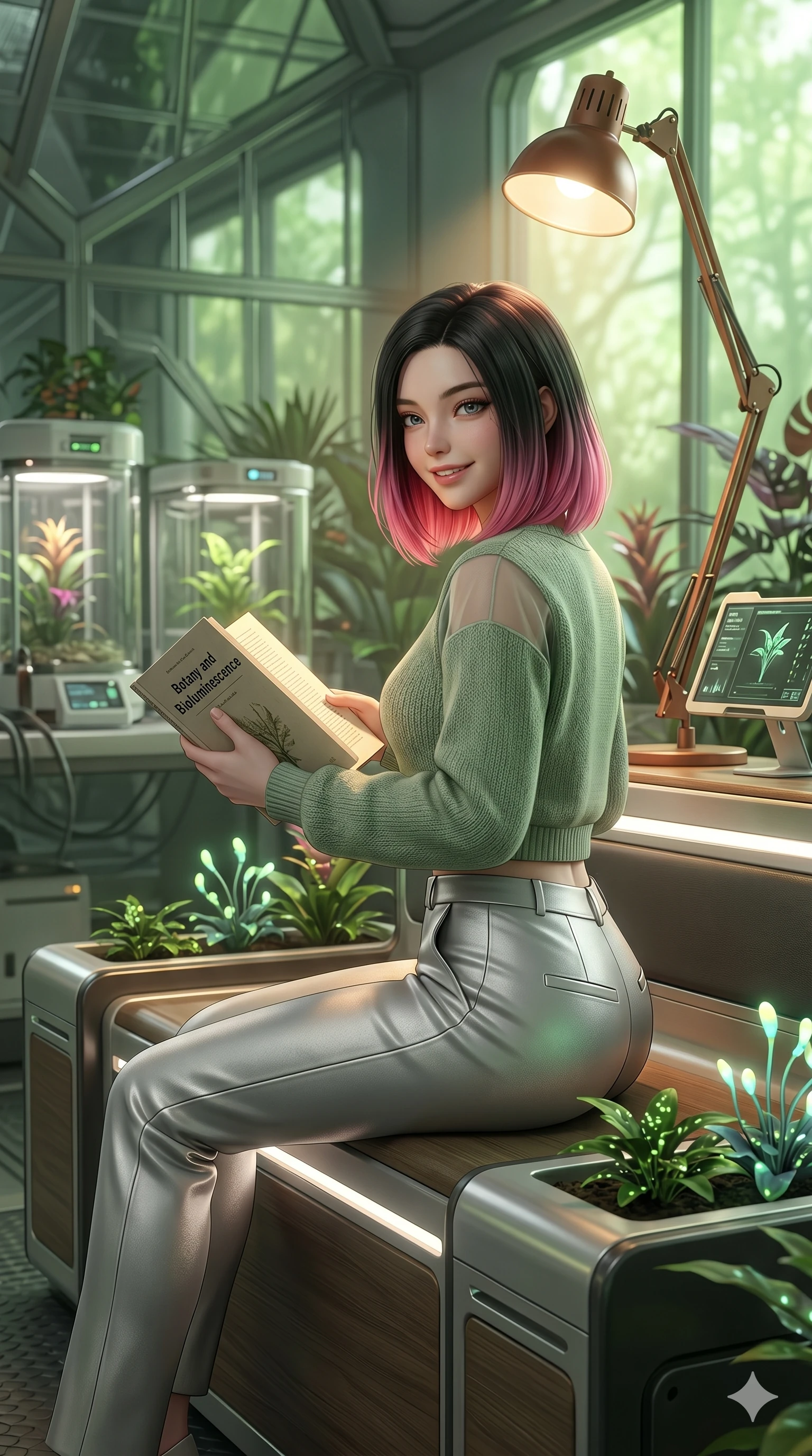 score_9, masterpiece, best quality, ultra-detailed, high-budget anime keyframe, semi-realistic 3D game render, Korean woman. Upper body close-up from the thighs up, character filling the screen for maximum presence. Inside a biotech greenhouse, reading a paper book about botany, sitting on a modern bench, looking back with a warm, nostalgic smile. She is wearing a comfortable cropped sweater with sheer panels and silver trousers. The scene is lit by a warm reading lamp and soft green light filtering from a window. 2k, ultra detail, master piece, 9:16 ratio