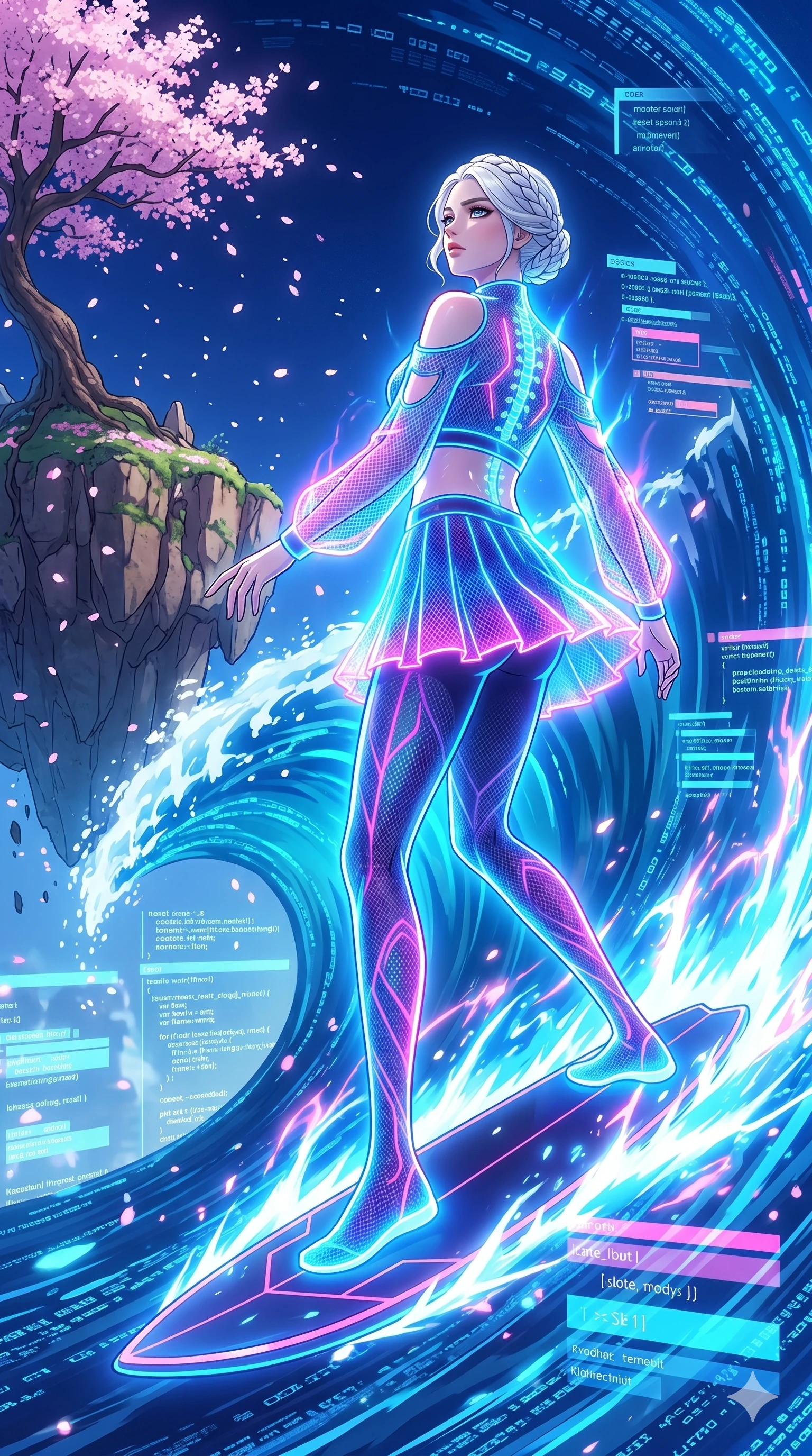 score_9, masterpiece, best quality, ultra-detailed, High-budget Anime Keyframe, vibrant colors, fluid line-art, expressive lighting, cinematic composition, Ufotable-style visual effects, top-tier animation quality, Caucasian woman with pale skin, blonde hair, and (strictly human ears). Low angle cowboy shot filling the entire 9:16 frame with her statuesque presence, looking up to emphasize her height. Surfing on a massive wave of pure data within a virtual world, the landscape changing rapidly as she speeds through. She has an absolutely perfect 8-heads proportion, an exceptionally tall and slender female figure with impossibly long slender legs and an ultra-slim waist, her statuesque height and towering silhouette dominating the vertical 9:16 frame. Her face is a masterpiece featuring a sharp v-shaped jawline, high-bridge nose, intricate jewel-like eyes with depth, thick eyelashes, and glossy lips with a natural sheen. She is wearing a Off-shoulder crop top paired with pleated skirts and patterned tights crafted from Fluorescent mesh that glows brightly under neon light, highlighting her silhouette, boasting shoulder cut-outs and a glowing spinal interface visible through the back. The scene is set in an ancient floating island with pink cherry blossoms falling like snow against a blue sky, illuminated by intense energy flares from her powers illuminating the scene with brilliant light. 2k, ultra detail, master piece, 9:16 ratio