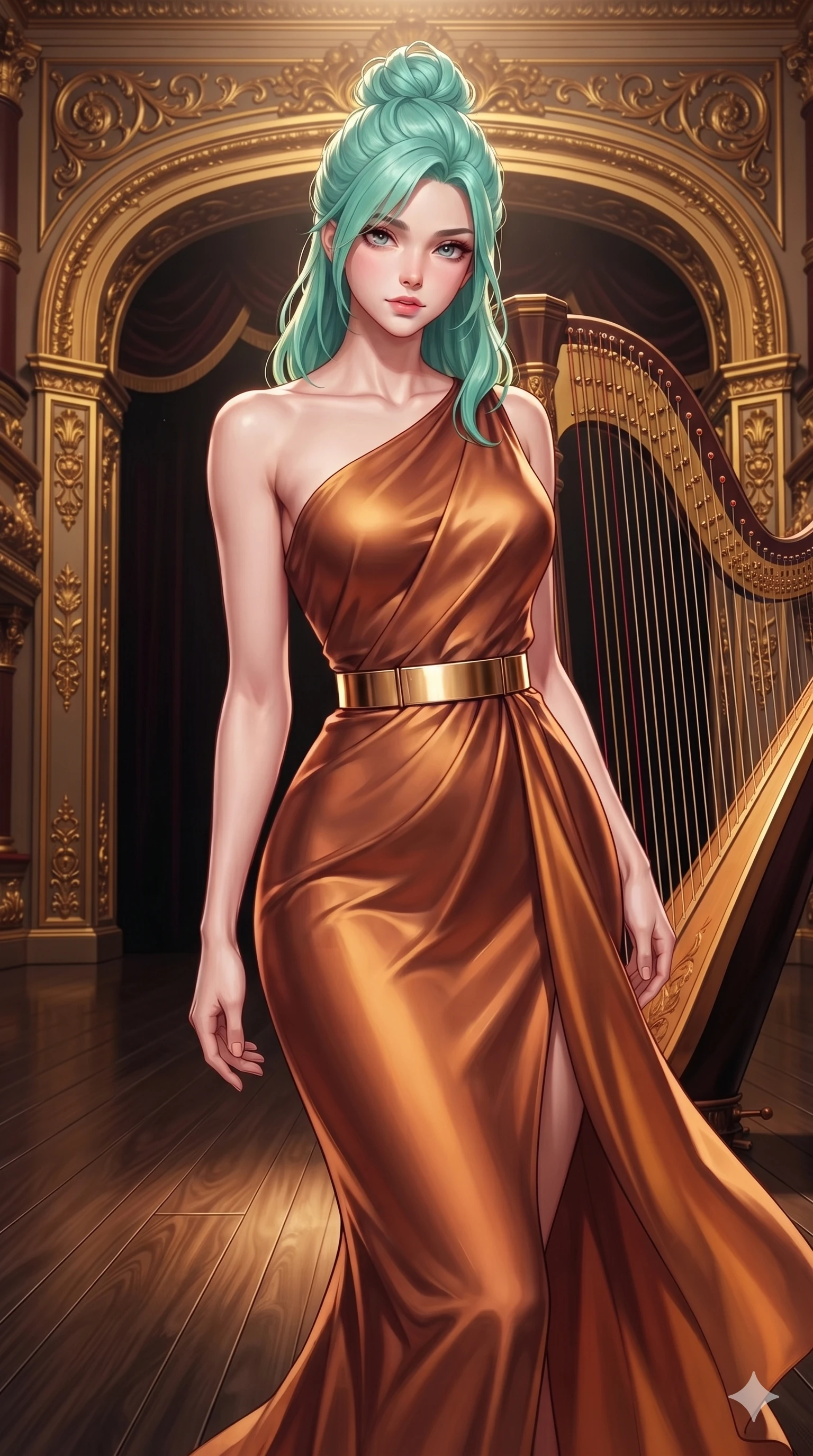 score_9, masterpiece, best quality, ultra-detailed, high-budget anime keyframe, semi-realistic 3D game render, editorial fashion photography, tasteful artistic composition, Japanese woman. close-up cowboy shot from the waist and thighs up, the character dominates the composition, filling the frame with her large presence. leaning back with relaxed seductive grace, her sculpted collarbones and narrow waist highlighted as she casts smoldering bedroom-eyes directly into the camera while standing poised at the center of the dark lacquered stage beneath monumental gilded proscenium arches, arching her back with sovereign diva charisma as theatrical spotlights converge. The surrounding environment is rendered in vivid detail and crisp panoramic clarity: sharp carved proscenium gold leaf scrollwork, mirror-sheen lacquered stage floor grain, and taut golden harp strings in deep focus. She has an exceptionally elegant, slender, and willowy female figure with an ultra-slim waist, flat toned midriff, narrow ribcage, and sculpted feminine hips creating an alluring, slim hourglass silhouette without bulk. sharp v-shaped jawline, high-bridge nose, intricate jewel-like eyes with depth, thick eyelashes, glossy parted lips with a natural sheen, intensely captivating and seductive bedroom-eyes expression, flawlessly proportioned anatomical accuracy, strict slender model proportions, natural body alignment, perfectly sculpted long slender limbs, ultra-slim waistline, clean dynamic posture without body distortion. wearing an asymmetrical one-shoulder crepe evening gown with waist-cinching gold metal belt and elegant drapery in rich copper bronze and warm amber, tailored from ultra-smooth duchess satin with a pearlescent sheen, finished with sleek magnetic buckle closures fluttering in the breeze, the glove-like clinging cut tightly following the natural contour of her hips and long slender legs with youthful 8.5-heads elegance. illuminated by crisp directional theatrical spotlights sharply defining her sculpted collarbones, ultra-slim waist, and curvy hips. highly saturated vibrant anime colors, detailed shading with soft gradients, rich glossy textures, high-contrast stereoscopic depth, volumetric dynamic lighting, master piece, 9:16 ratio