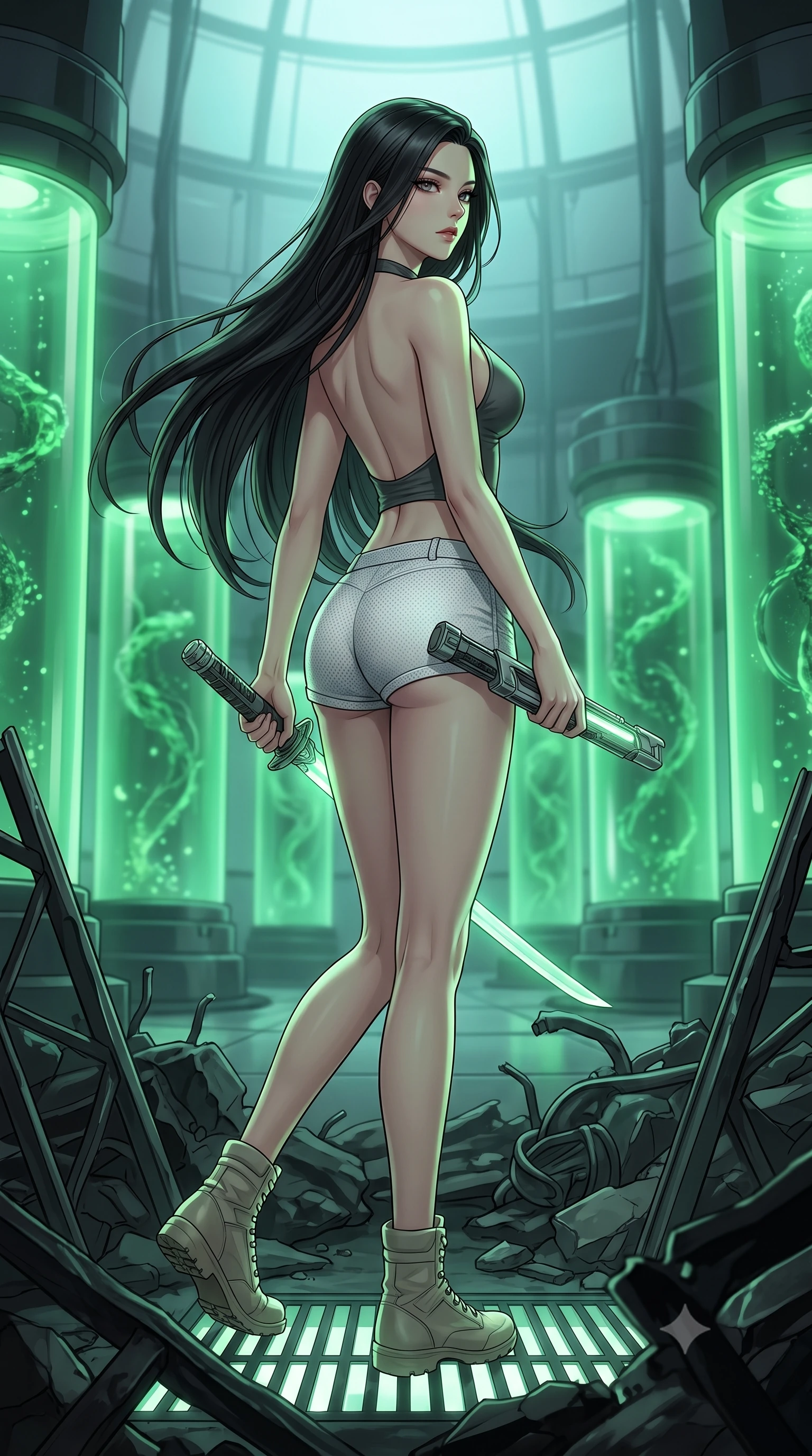 score_9, masterpiece, best quality, ultra-detailed, high-budget anime keyframe, editorial fashion photography, tasteful artistic composition, Korean woman. low angle full-body shot from head to toe showing her feet, filling the entire 9:16 vertical frame with her statuesque presence, stretching her vertical silhouette. stepping gracefully through battlefield debris with a glowing saber hilt in hand, looking back over her shoulder, the background shows a soft-focus a glass cylinder room with tubes containing green fluid and nanite cultures. She has an absolutely perfect, statuesque 8.5-heads proportion, an exceptionally tall and slender model-like female figure with impossibly long slender legs and an ultra-slim waist. sharp v-shaped jawline, high-bridge nose, intricate jewel-like eyes with depth, thick eyelashes, glossy lips with a natural sheen. wearing a body-hugging backless combat halter top in charcoal grey, paired with white carbon-mesh micro-shorts. soft green bioluminescent light from the tubes casting an eerie, high-contrast glow. highly saturated vibrant anime colors, detailed shading with soft gradients, rich glossy textures, high-contrast stereoscopic depth, volumetric dynamic lighting, master piece, 9:16 ratio