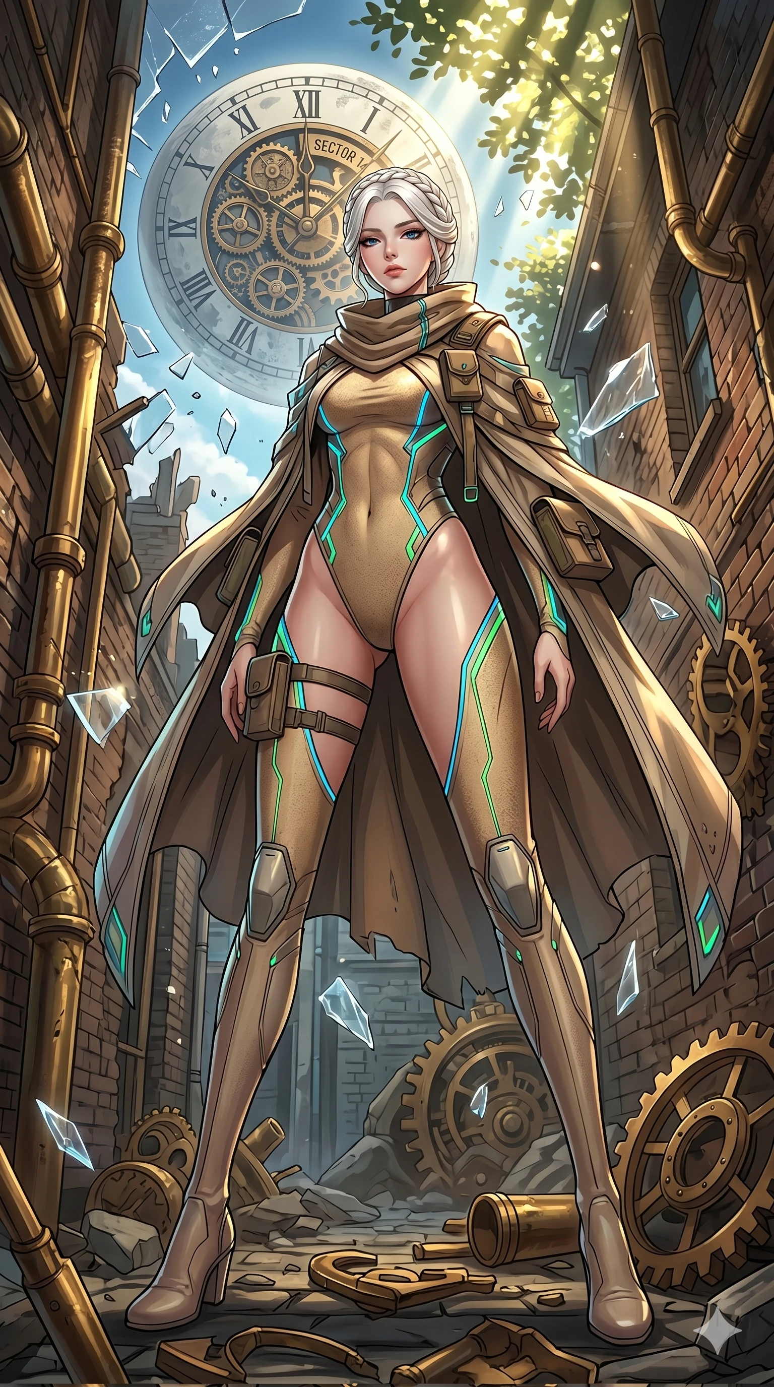 score_9, masterpiece, best quality, ultra-detailed, Set A: High-budget Anime Keyframe, Korean woman. Low angle cowboy shot filling the entire 9:16 frame with her statuesque presence. Theme: Primal Nature. shattering the fabric of reality in a steampunk London alleyway, with a massive clockwork moon ticking behind her as sector 14. The atmosphere is filled with cinematic sunlight through leaves. She has an absolutely perfect 8-heads proportion, an exceptionally tall and slender female figure with impossibly long slender legs and an ultra-slim waist. Sharp v-shaped jawline, high-bridge nose, intricate jewel-like eyes with depth, glossy lips. Wearing Desert-nomad tech-cloak over a high-cut sandy-textured bodysuit with neon accents. Cinematic lighting, vivid colors, dramatic shadows, 2k, ultra detail, master piece, 9:16 ratio