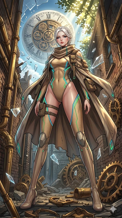 score_9, masterpiece, best quality, ultra-detailed, Set A: High-budget Anime Keyframe, Korean woman. Low angle cowboy shot filling the entire 9:16 frame with her statuesque presence. Theme: Primal Nature. shattering the fabric of reality in a steampu