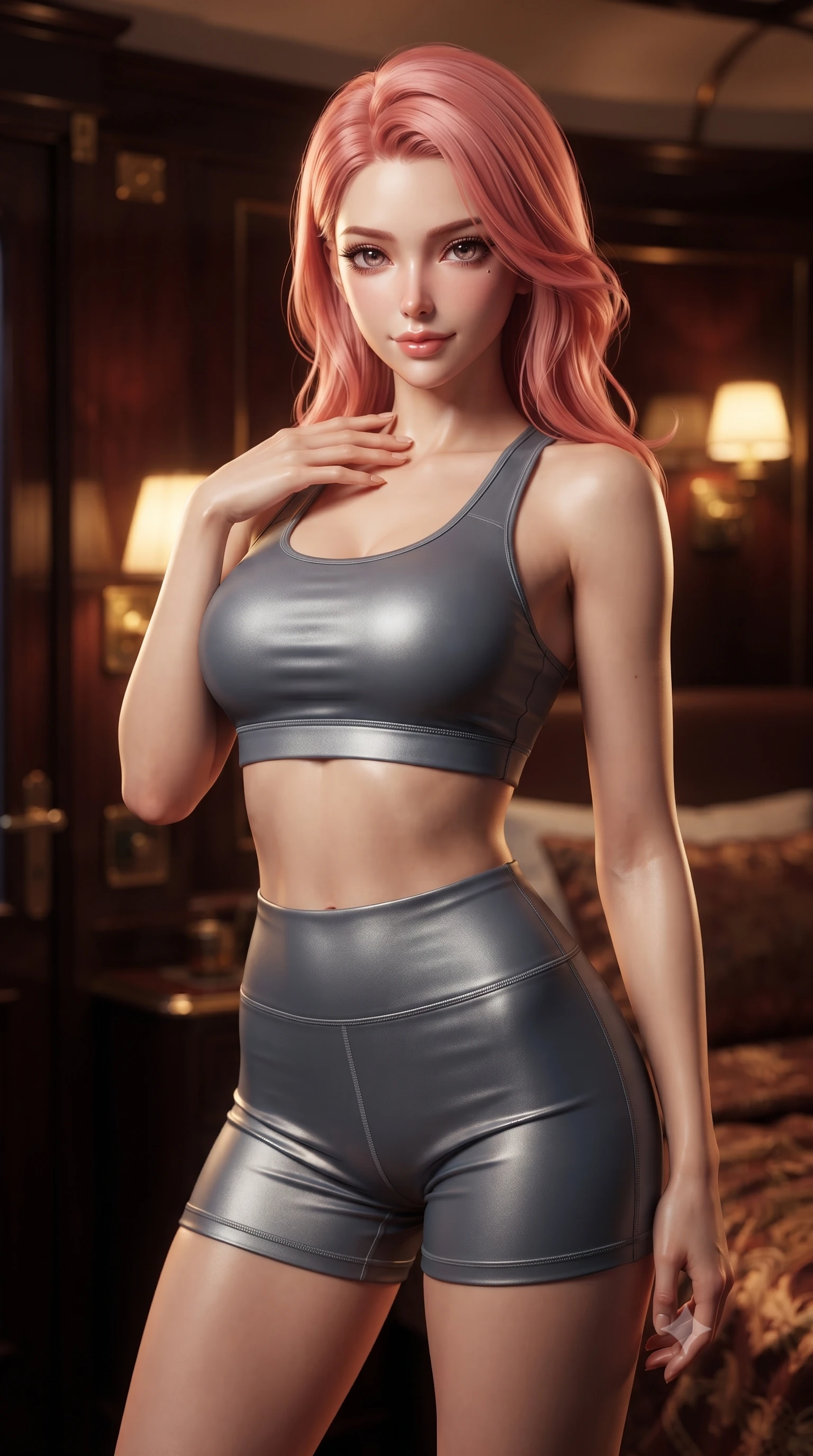 score_9, masterpiece, best quality, ultra-detailed, high-budget anime keyframe, editorial fashion photography, tasteful artistic composition, Japanese woman. close-up cowboy shot from the waist and thighs up, the character dominates the composition, filling the frame with her large presence, background elements kept in soft focus. standing with one hand resting on her collarbone, looking at the viewer with bedroom-eyes the background shows a soft-focus a private sleeper cabin on an orient express train with dark mahogany panels. She has an exceptionally elegant, slender, and willowy female figure with an ultra-slim waist, a gracefully sculpted slender torso, and a refined silhouette. sharp v-shaped jawline, high-bridge nose, intricate jewel-like eyes with depth, thick eyelashes, glossy lips with a natural sheen. wearing a slim-fit body-hugging athletic crop top and high-waisted shorts set in slate grey. warm golden lamplight casting cozy, intimate shadows on the silk bedding. ultra-reflective glossy finish, specular highlights, metallic sheen, high-contrast stereoscopic depth, volumetric dynamic lighting, 2k, ultra detail, master piece, 9:16 ratio