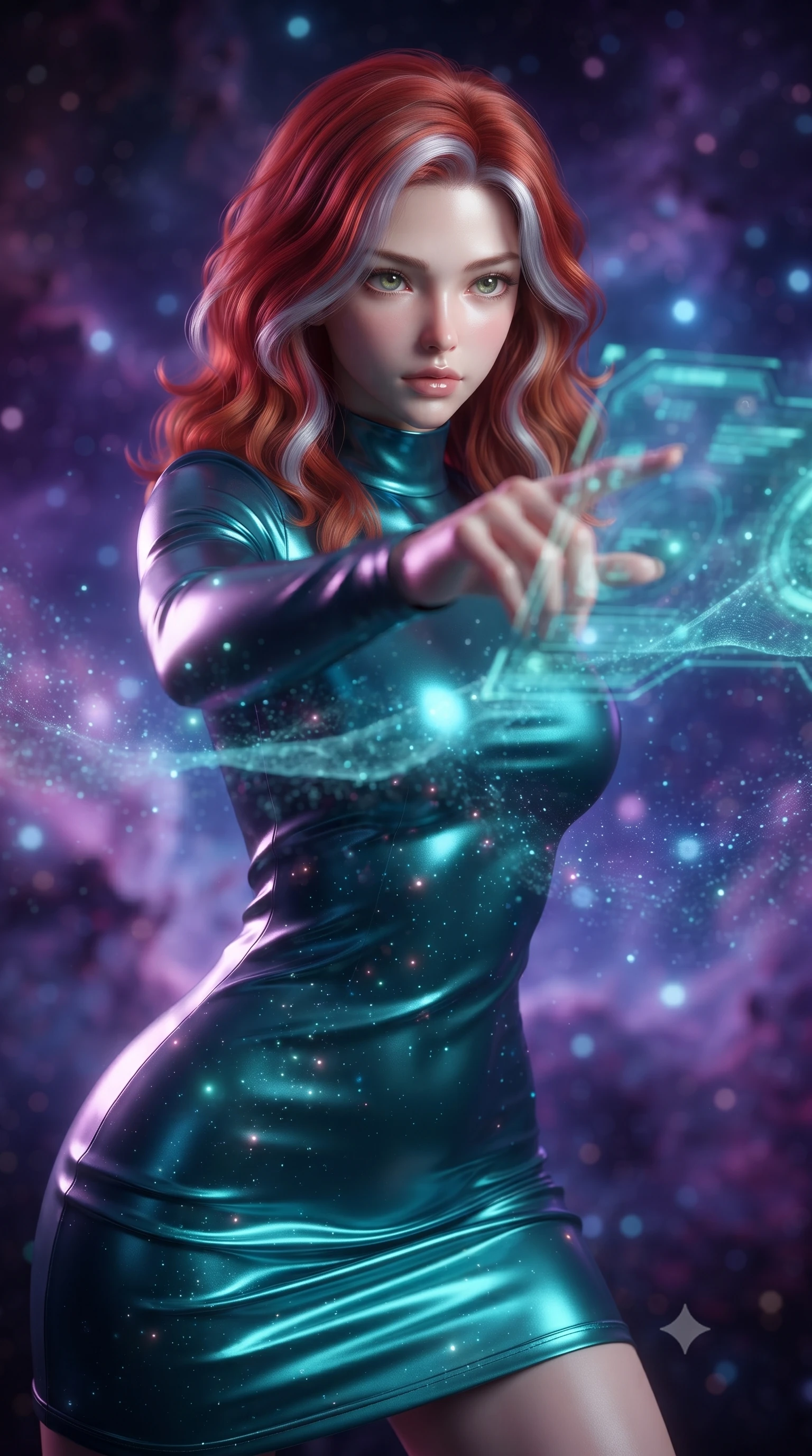 score_9, masterpiece, best quality, ultra-detailed, high-budget anime keyframe, editorial fashion photography, tasteful artistic composition, realistic cosplay photography, Caucasian woman, strictly human ears. close-up cowboy shot from the waist and thighs up, the character dominates the composition, filling the frame with her large presence, background elements kept in soft focus. Casting a digital tracking wave with an outstretched hand, her gaze locked on the escaping target. set against a soft-focus background of inside a gas cloud where baby blue stars are forming like bright gems, casting ripples through the nebula dust. She has an exceptionally elegant and slender, willowy female figure with an ultra-slim waist, a gracefully sculpted slender torso, and a refined slim physique. sharp v-shaped jawline, high-bridge nose, intricate jewel-like eyes with depth, thick eyelashes, glossy lips with a natural sheen. wearing catching and diffusing the glowing particles, shimmering softly in response to the surrounding light, a tailored form-contouring mock-neck dress in glossy deep teal silk, highlighting her slender build and elegant proportions. starlight and nebula glow casting soft cosmic pink and cyan highlights on her form. ultra-reflective glossy finish, specular highlights, metallic sheen, high-contrast stereoscopic depth, volumetric dynamic lighting, 2k, ultra detail, master piece, 9:16 ratio