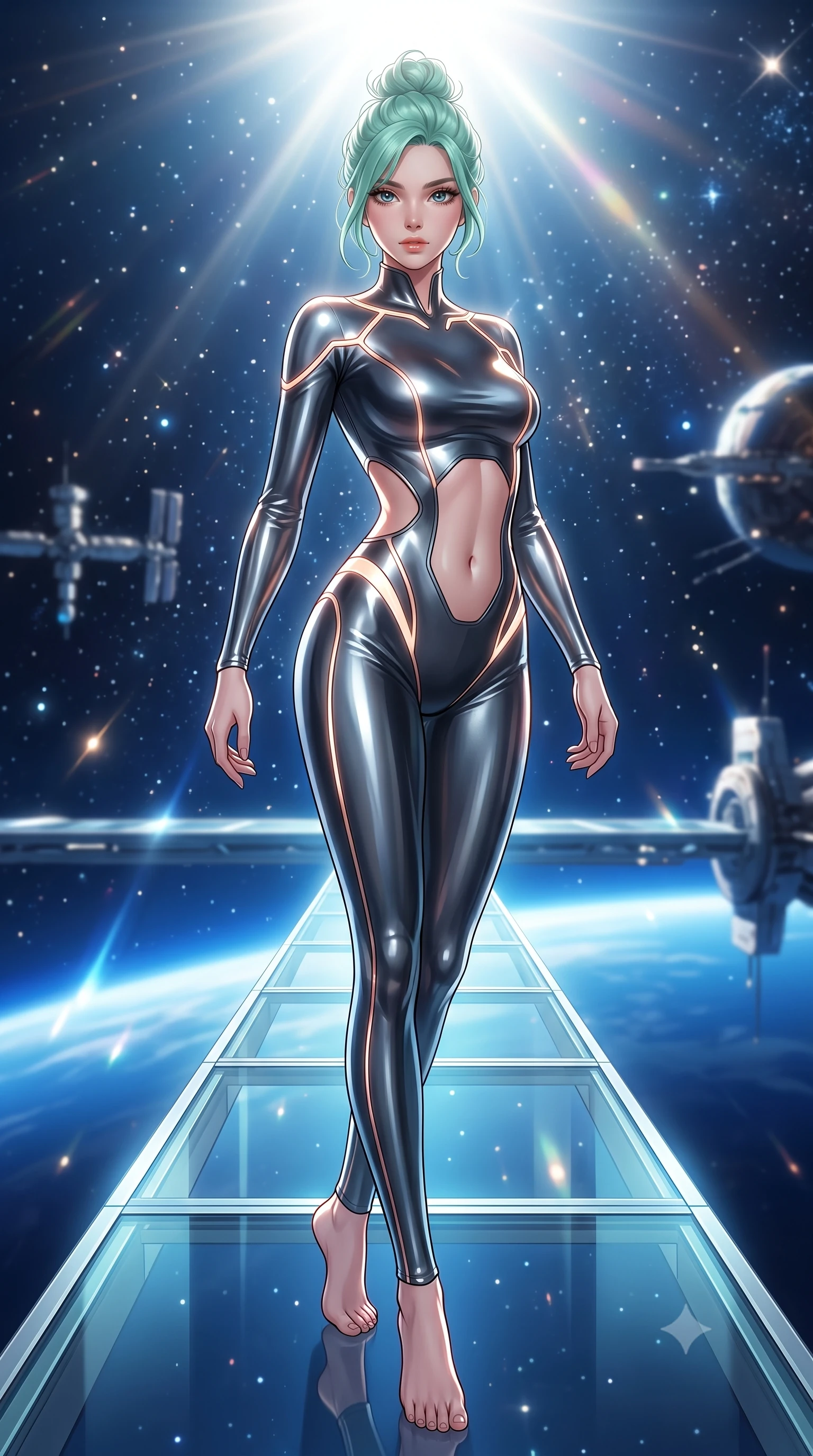 score_9, masterpiece, best quality, ultra-detailed, high-budget anime keyframe, editorial fashion photography, tasteful artistic composition, Japanese woman. low angle full-body shot from head to toe showing her feet, filling the entire 9:16 vertical frame with her statuesque presence, stretching her vertical silhouette. pivoting dynamically in mid-motion with a breathtakingly alluring posture, displaying her flawless model proportions, toned flat midriff, and ultra-slim waist while stepping along a floating glass catwalk extending into open space under brilliant orbital sunlight. The composition keeps background elements in soft focus with creamy bokeh. brilliant solar flare rays and starlight scattering radiant light motes across a deep space backdrop. She has an absolutely perfect, statuesque 8.5-heads proportion, an exceptionally tall and slender model-like female figure with impossibly long slender legs, a toned flat midriff, and an ultra-slim waist. sharp v-shaped jawline, high-bridge nose, intricate jewel-like eyes with depth, thick eyelashes, glossy lips with a natural sheen, flawlessly proportioned anatomical accuracy, strict slender model proportions, natural body alignment, perfectly sculpted long slender limbs, ultra-slim waistline, clean dynamic posture without body distortion. wearing an ultra-sleek aerodynamic tech-jumpsuit sculpted tightly to her figure, accented with glowing fiber-optic spine lines in sculpted rose gold and luminescent champagne ivory, made of liquid jersey fabric that clings flawlessly to every contour of her build, accented with glowing fiber-optic seams tracing her collarbones and hip curves, the precision-cut daring openings accentuating her delicate midriff, graceful bare collarbones, and ultra-slim feminine waistline. bathed in dazzling high-noon orbital sunlight and rich blue planetary ambient bounce light. ultra-reflective glossy finish, specular highlights, dark metallic sheen, high-contrast stereoscopic depth, volumetric dynamic lighting, 2k, ultra detail, master piece, 9:16 ratio