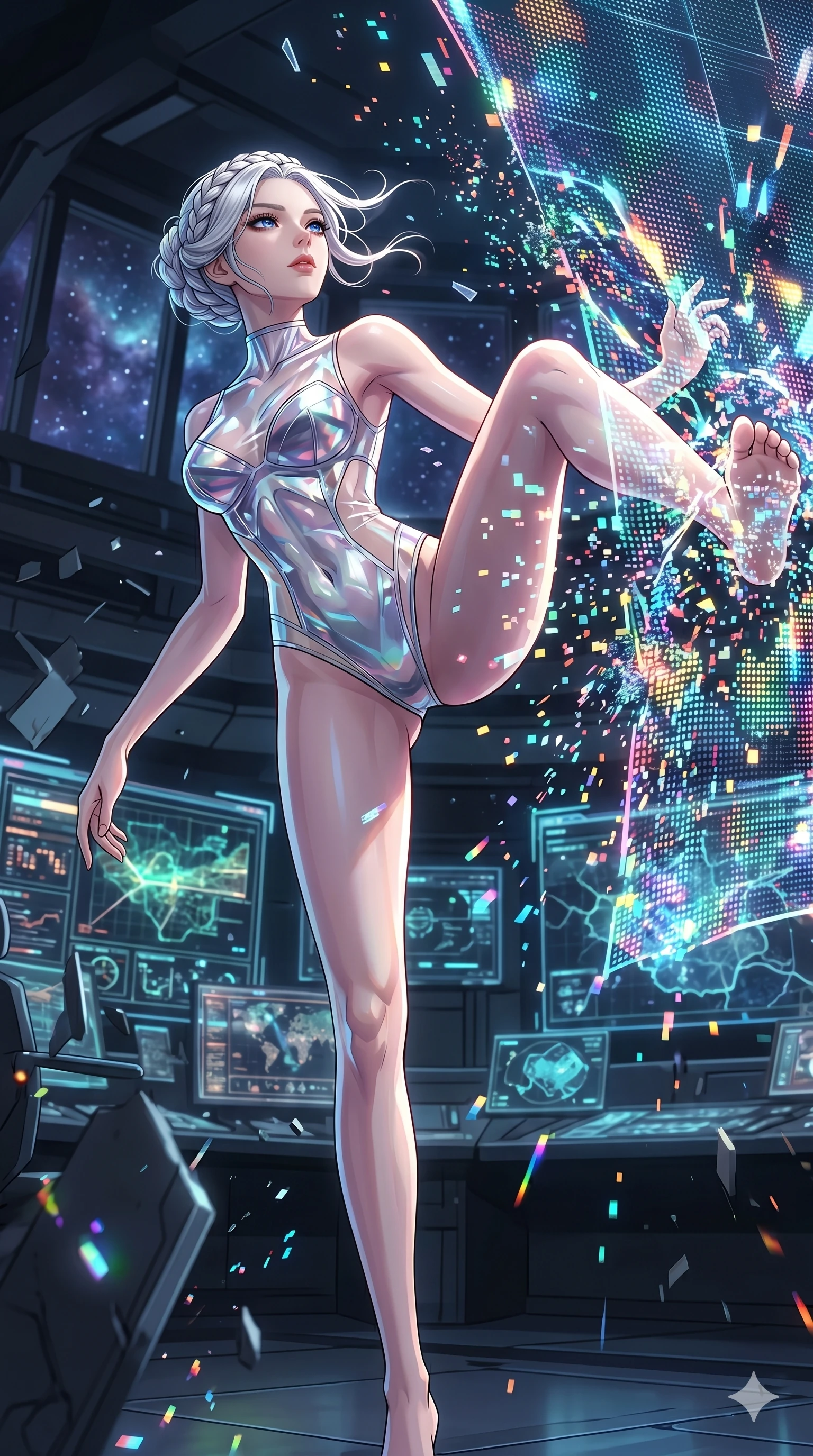 score_9, masterpiece, best quality, ultra-detailed, High-budget Anime Keyframe, vibrant colors, fluid line-art, expressive lighting, cinematic composition, Ufotable-style visual effects, top-tier animation quality, Korean woman with idol-like refined features. Low angle cowboy shot filling the entire 9:16 frame with her statuesque presence, looking up to emphasize her height. Kicking through a high-security holographic barrier, the digital mesh shattering into thousands of glowing pixels. She has an absolutely perfect 8-heads proportion, an exceptionally tall and slender female figure with impossibly long slender legs and an ultra-slim waist, her statuesque height and towering silhouette dominating the vertical 9:16 frame. Her face is a masterpiece featuring a sharp v-shaped jawline, high-bridge nose, intricate jewel-like eyes with depth, thick eyelashes, and glossy lips with a natural sheen. She is wearing a High-cut leotard with metallic plating and translucent PVC panels on the sides crafted from Transparent PVC with a high-gloss finish that reveals the intricate layers beneath, featuring a crystalline structure that catches the light and reveals her slender frame. The scene is set in an underground rebel bunker with flickering holographic screens and tactical maps, illuminated by flickering starlight and nebula glow providing a mystical and vast ambiance. 2k, ultra detail, master piece, 9:16 ratio