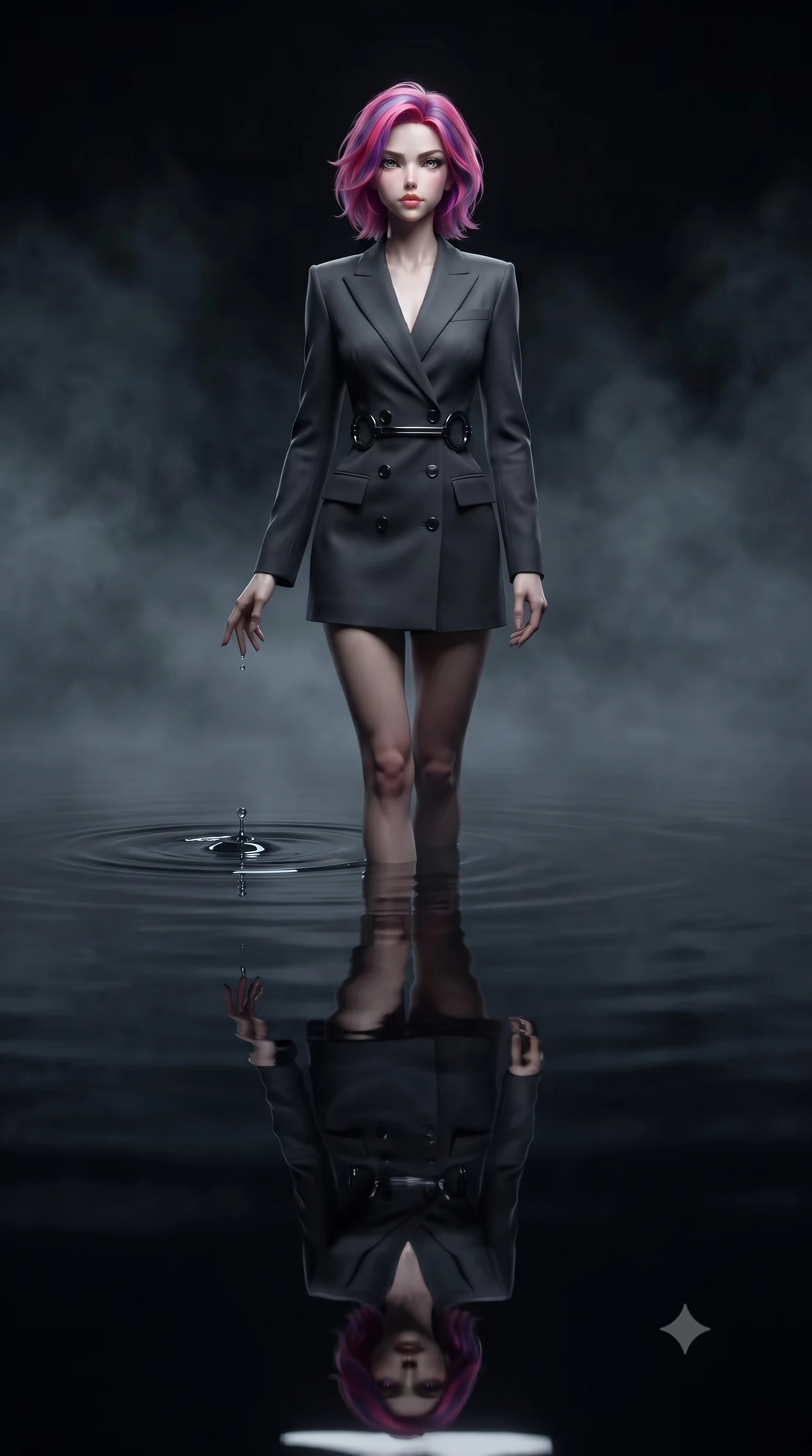 score_9, masterpiece, best quality, ultra-detailed, high-budget anime keyframe, editorial fashion photography, tasteful artistic composition, Caucasian woman. low angle full-body shot from head to toe showing her feet, filling the entire 9:16 vertical frame with her statuesque presence, stretching her vertical silhouette. forging confidently through the dark atmospheric mist, holding a poised statuesque stance, touching a ripple in a dark mercury pool that reflects the pitch-black sky, flawless mirror reflections of her silhouette on the dark liquid surface. She has an absolutely perfect, statuesque 8.5-heads proportion, an exceptionally tall and slender model-like female figure with impossibly long slender legs and an ultra-slim waist. sharp v-shaped jawline, high-bridge nose, intricate jewel-like eyes with depth, thick eyelashes, glossy lips with a natural sheen. wearing tailored double-breasted obsidian blazer dress in dark charcoal gray, made of liquid dark mercury jersey, accented with sculpted obsidian chrome rings at the waist, accentuating her gracefully sculpted slender torso. illuminated by ultra-bright specular highlights reflecting off dark liquid mercury. highly saturated vibrant anime colors, detailed shading with soft gradients, rich glossy textures, high-contrast stereoscopic depth, volumetric dynamic lighting, master piece, 9:16 ratio