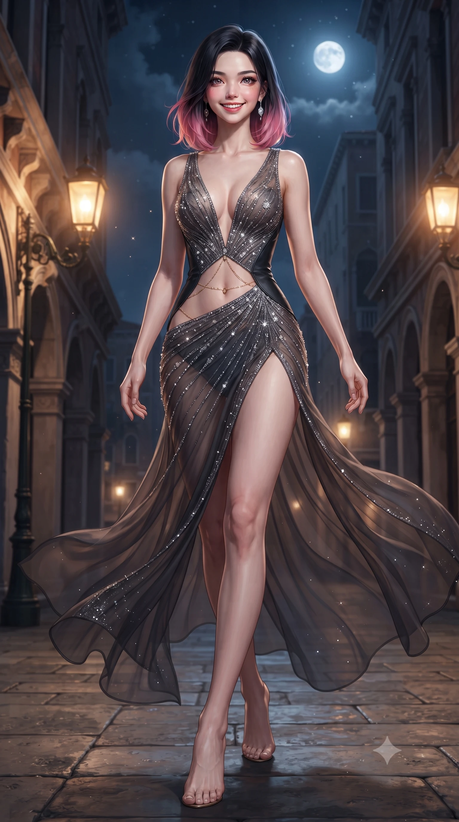 score_9, masterpiece, best quality, ultra-detailed, high-budget anime keyframe, editorial fashion photography, tasteful artistic composition, Korean woman. low angle full-body shot from head to toe showing her feet, filling the entire 9:16 vertical frame with her statuesque presence, stretching her vertical silhouette. stepping forward in a confident stride, her long slender legs and curvaceous hips creating a dynamic, sweeping vertical line while walking slowly down the water loggia with supermodel poise, nocturnal lagoon breezes fluttering her sheer gown around her slender legs. The surrounding environment is rendered in vivid detail and crisp panoramic clarity: detailed sheer illusion mesh gown weave, velvet ribbon piping, and master Venetian stonework in razor-sharp precision. She has an exceptionally tall and slender model-like 8.5-heads proportion, an ultra-slim waist, a flat toned midriff, narrow delicate ribcage, and beautifully sculpted feminine hips creating a graceful, slim hourglass silhouette without any bulky heaviness, with impossibly long slender legs. sharp v-shaped jawline, high-bridge nose, intricate jewel-like sparkling eyes with depth, thick eyelashes, glossy parted lips with a natural peach sheen, bright cheerful beaming smile with an enchanting and coquettish sensual glint, exuding both youthful cute charm and seductive allure, flawlessly proportioned anatomical accuracy, strict slender model proportions, natural body alignment, perfectly sculpted long slender limbs, ultra-slim waistline, clean dynamic posture without body distortion. wearing a plunge-front sheer mesh cocktail gown with delicate crystal beading and an ultra-daring hip-high leg slit in Hollywood starlight platinum and smoky charcoal, woven from buttery-soft stretch lambskin leather adhering to her body like a second skin, accented with a dainty gold belly chain resting across her flat midriff and curving hips, the precision-cut side openings and low-back scoop framing her graceful spine and the sensual sweep of her slim, toned hips. bathed in the flickering golden glow of historic gas-lamp style canal lanterns mixed with ethereal silver moonlight. ultra-reflective glossy finish, specular highlights, rich textural contrasts, high-contrast stereoscopic depth, volumetric dynamic lighting, 2k, ultra detail, master piece, 9:16 ratio