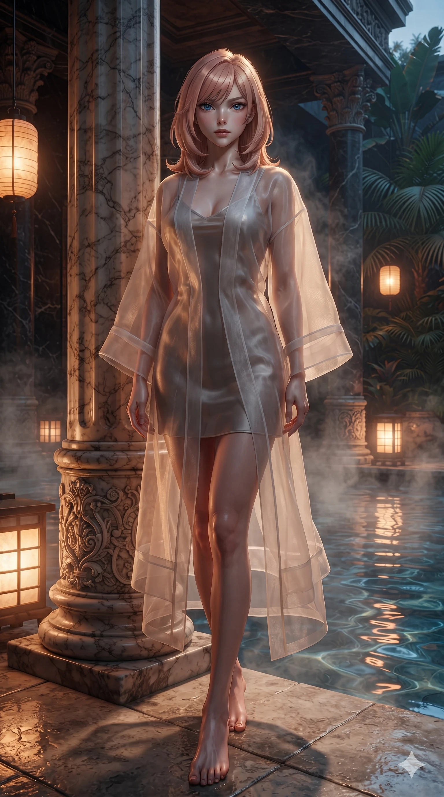 score_9, masterpiece, best quality, ultra-detailed, high-budget anime keyframe, editorial fashion photography, tasteful artistic composition, Japanese woman. low angle full-body shot from head to toe showing her feet, filling the entire 9:16 vertical frame with her statuesque presence, stretching her vertical silhouette. standing tall beside the carved palazzo column, one hand resting high while arching her lower back to emphasize her sculpted feminine hips and slender waist while standing poised beside the steaming thermal plunge pool, arching her spine with ethereal siren poise as warm amber lantern light washes over her. The surrounding environment is rendered in vivid detail and crisp panoramic clarity: sharp columnar basalt geometry, textured stone carving reliefs, and crisp paper lantern crease lines in deep focus. She has an exceptionally tall and slender model-like 8.5-heads proportion, an ultra-slim waist, a flat toned midriff, narrow delicate ribcage, and beautifully sculpted feminine hips creating a graceful, slim hourglass silhouette without any bulky heaviness, with impossibly long slender legs. sharp v-shaped jawline, high-bridge nose, intricate jewel-like sparkling eyes with depth, thick eyelashes, glossy parted lips with a natural sheen, intensely captivating and seductive bedroom-eyes expression, exuding both youthful cute charm and sovereign luxury allure, flawlessly proportioned anatomical accuracy, strict slender model proportions, natural body alignment, perfectly sculpted long slender limbs, ultra-slim waistline, clean dynamic posture without body distortion. wearing a translucent iridescent organza kimono robe slipping off bare shoulders over a matching satin micro-bralette and micro-shorts in iridescent mother-of-pearl and liquid molten silver, woven from buttery-soft stretch lambskin leather adhering to her body like a second skin, featuring fine criss-cross lace-up side ties revealing tantalizing glimpses of her hip curve, the form-contouring cut accentuating her sculpted flat midriff, narrow delicate ribcage, and gracefully curvy hips with intoxicating allure. illuminated by water reflection bounce and sharp amber-gold rim lights sculpting her razor-sharp jawline, narrow waist, and curvy hips. ultra-reflective glossy finish, specular highlights, rich textural contrasts, high-contrast stereoscopic depth, volumetric dynamic lighting, 2k, ultra detail, master piece, 9:16 ratio