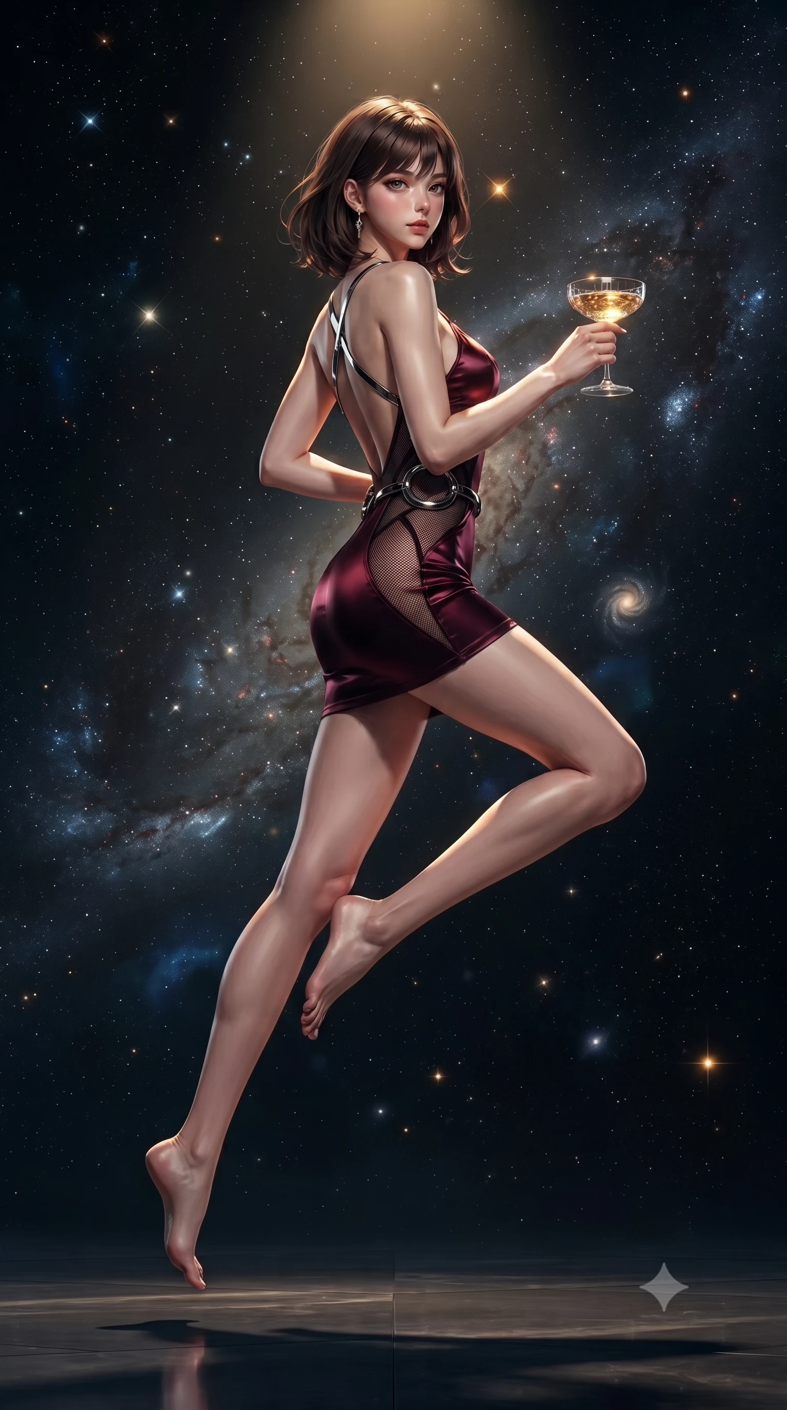 score_9, masterpiece, best quality, ultra-detailed, high-budget anime keyframe, editorial fashion photography, tasteful artistic composition, Korean woman. low angle full-body shot from head to toe showing her feet, filling the entire 9:16 vertical frame with her statuesque presence, stretching her vertical silhouette. leaping dynamically through the starry space, her posture full of power and elegance, holding a crystal champagne coupe as soft golden light catches the liquid, low amber pendant spotlight casting intense key rays on her chest and shoulders. She has an absolutely perfect, statuesque 8.5-heads proportion, an exceptionally tall and slender model-like female figure with impossibly long slender legs and an ultra-slim waist. sharp v-shaped jawline, high-bridge nose, intricate jewel-like eyes with depth, thick eyelashes, glossy lips with a natural sheen. wearing dramatically scooped backless dark satin mini dress with criss-cross chrome straps in deep crimson burgundy, made of fine dark contouring mesh, accented with sculpted obsidian chrome rings at the waist, highlighting her statuesque proportions and ultra-slim waistline. bathed in rich dark emerald and gold tones with high-contrast shadows. ultra-reflective glossy finish, specular highlights, metallic sheen, high-contrast stereoscopic depth, volumetric dynamic lighting, 2k, ultra detail, master piece, 9:16 ratio