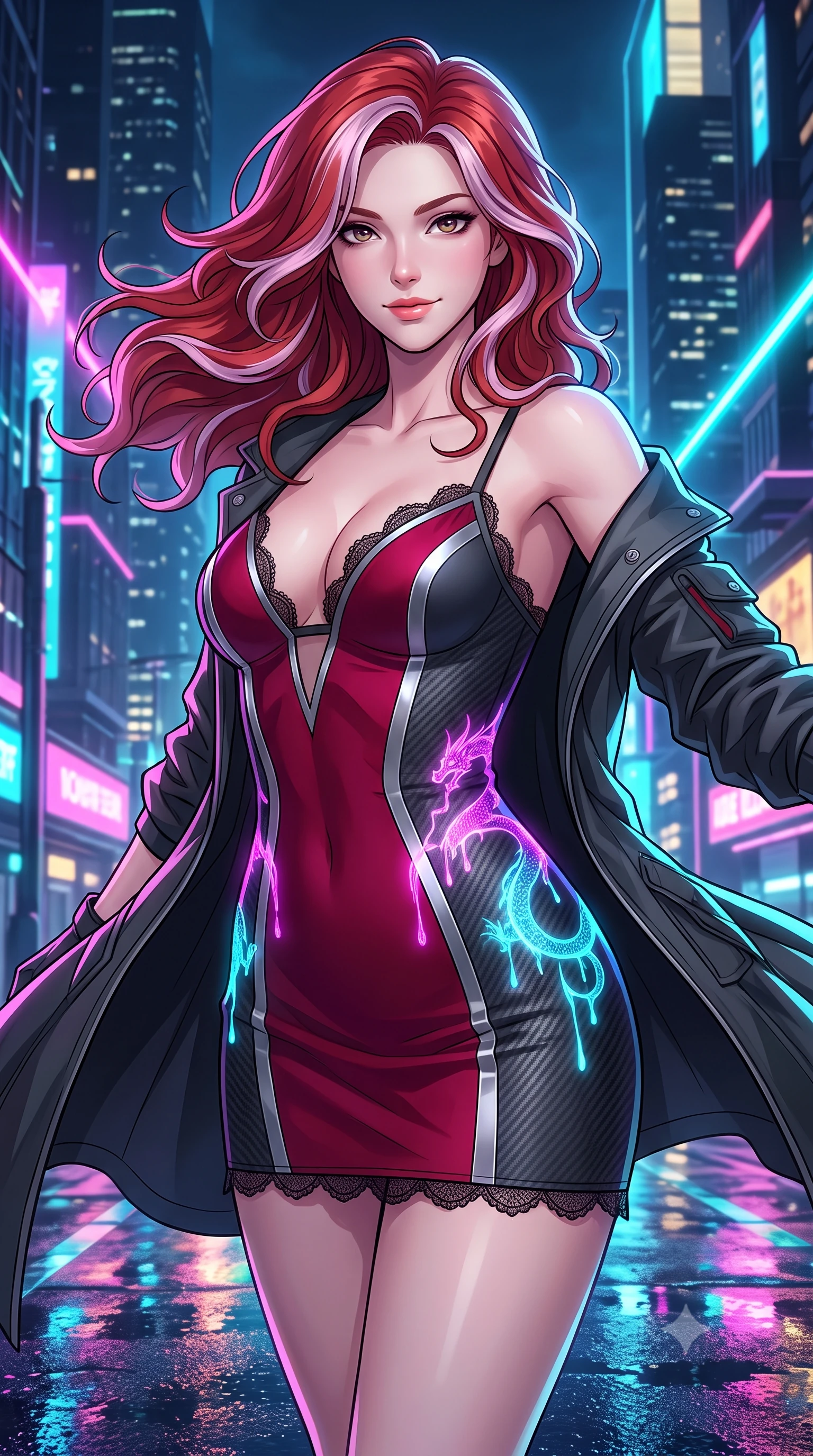score_9, masterpiece, best quality, ultra-detailed, high-budget anime keyframe, semi-realistic 3D game render, editorial fashion photography, tasteful artistic composition, Caucasian woman. close-up cowboy shot from the waist and thighs up, the character dominates the composition, filling the frame with her large presence. turning slowly with an enchanting smoldering smile, her glossy hair tossing in the breeze as her hips angle gracefully in a captivating contrapposto while twisting her slender torso in an alluring contrapposto stance, dripping holographic dragon signs painting electric magenta and cyan across her narrow waist and hips. The surrounding environment is rendered in vivid detail and crisp panoramic clarity: detailed tactical combat coat, crisp anime linework, and dense futuristic megalopolis architecture in high resolution. She has an exceptionally elegant, slender, and willowy female figure with an ultra-slim waist, flat toned midriff, narrow ribcage, and sculpted feminine hips creating an alluring, slim hourglass silhouette without bulk. sharp v-shaped jawline, high-bridge nose, intricate jewel-like sparkling eyes with depth, thick eyelashes, glossy parted lips with a natural peach sheen, bright cheerful beaming smile with an enchanting and coquettish sensual glint, exuding both youthful cute charm and seductive allure, flawlessly proportioned anatomical accuracy, strict slender model proportions, natural body alignment, perfectly sculpted long slender limbs, ultra-slim waistline, clean dynamic posture without body distortion. wearing a plunge-front sheer illusion tulle combat slip dress with liquid platinum ribbon stripes hugging her curves in deep crimson hazard red and matte dark titanium, woven from structured carbon-fiber jacquard with rich textural depth, finished with scalloped eyelash lace trim framing her sweetheart neckline with intimate elegance, the liquid-tight tailored fabric clinging flawlessly to her narrow waist and rounded feminine hips, emphasizing every millimeter of her sculpted slim hourglass curves without any bulky heaviness. illuminated by wet pavement reflection bounce and sharp laser-cyan rim lights defining her jawline, narrow waist, and curvy hips. highly saturated vibrant anime colors, detailed shading with soft gradients, rich glossy textures, high-contrast stereoscopic depth, volumetric dynamic lighting, master piece, 9:16 ratio