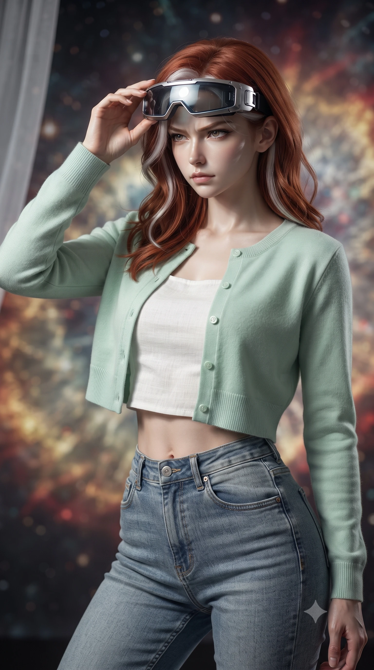 score_9, masterpiece, best quality, ultra-detailed, high-budget anime keyframe, editorial fashion photography, tasteful artistic composition, realistic cosplay photography, Caucasian woman, strictly human ears. close-up cowboy shot from the waist and thighs up, the character dominates the composition, filling the frame with her large presence, background elements kept in soft focus. Adjusting her tactical visor with one hand, eyes narrowed in sharp concentration at the target. set against a soft-focus background of the expanding shell of a supernova, a wall of gold and red energy rushing forward in slow motion. She has an exceptionally elegant and slender, willowy female figure with an ultra-slim waist, a gracefully sculpted slender torso, and a refined slim physique. sharp v-shaped jawline, high-bridge nose, intricate jewel-like eyes with depth, thick eyelashes, glossy lips with a natural sheen. wearing tailored for maximum mobility, sleek form-contouring panels that allow fluid movement, a tailored pastel mint green cropped cardigan over a white linen top, paired with high-waisted washed blue jeans. cold silver moonlight filtered through translucent gossamer curtains casting delicate shadows. ultra-reflective glossy finish, specular highlights, metallic sheen, high-contrast stereoscopic depth, volumetric dynamic lighting, 2k, ultra detail, master piece, 9:16 ratio