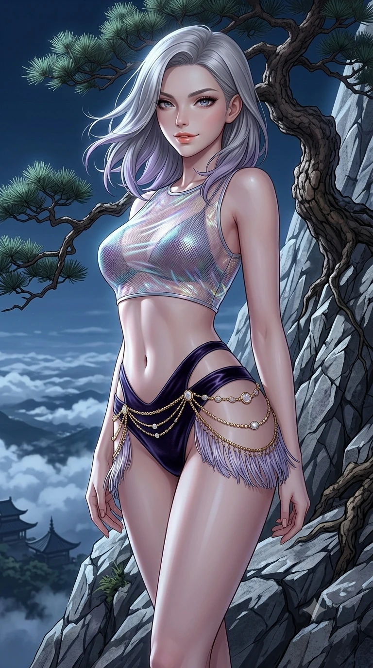 score_9, masterpiece, best quality, ultra-detailed, high-budget anime keyframe, semi-realistic 3D game render, editorial fashion photography, tasteful artistic composition, Caucasian woman. close-up cowboy shot from the waist and thighs up, the character dominates the composition, filling the frame with her large presence. turning slowly with an enchanting smoldering smile, her glossy hair tossing in the breeze as her hips angle gracefully in a captivating contrapposto while twisting her slender torso in an alluring S-curve beside the gnarled thousand-year bonsai pine, moonlit clouds drifting below her feet. The surrounding environment is rendered in vivid detail and crisp panoramic clarity: sharp fractured granite rock strata, twisted pine needle clusters, and distant pagoda roofline silhouettes in deep focus. She has an exceptionally elegant, slender, and willowy female figure with an ultra-slim waist, flat toned midriff, narrow ribcage, and sculpted feminine hips creating an alluring, slim hourglass silhouette without bulk. sharp v-shaped jawline, high-bridge nose, sparkling eyes with hypnotic seductive depth, thick curled eyelashes, glossy parted lips with a natural dewy peach sheen, alluring bedroom-eyes with an enchanting coquettish smile, exuding magnetic siren charisma and sophisticated glamour, flawlessly proportioned anatomical accuracy, strict slender model proportions, natural body alignment, perfectly sculpted long slender limbs, ultra-slim waistline, clean dynamic posture without body distortion. wearing a translucent iridescent mesh crop top paired with high-cut string bikini bottoms and gold norigae waist chains in iridescent mother-of-pearl and misty lavender, tailored from crushed dark velvet with deep light-absorbing plush texture, finished with delicate silk fringe trim fluttering along her hip line with kinetic charm, the precision-cut side openings and low-back scoop framing her graceful spine and the sensual sweep of her slim, toned hips. bathed in crisp, unhindered 6000K mountain full-moon light casting dramatic razor-sharp shadows across the rock face. highly saturated vibrant anime colors, detailed shading with soft gradients, rich glossy textures, high-contrast stereoscopic depth, volumetric dynamic lighting, master piece, 9:16 ratio