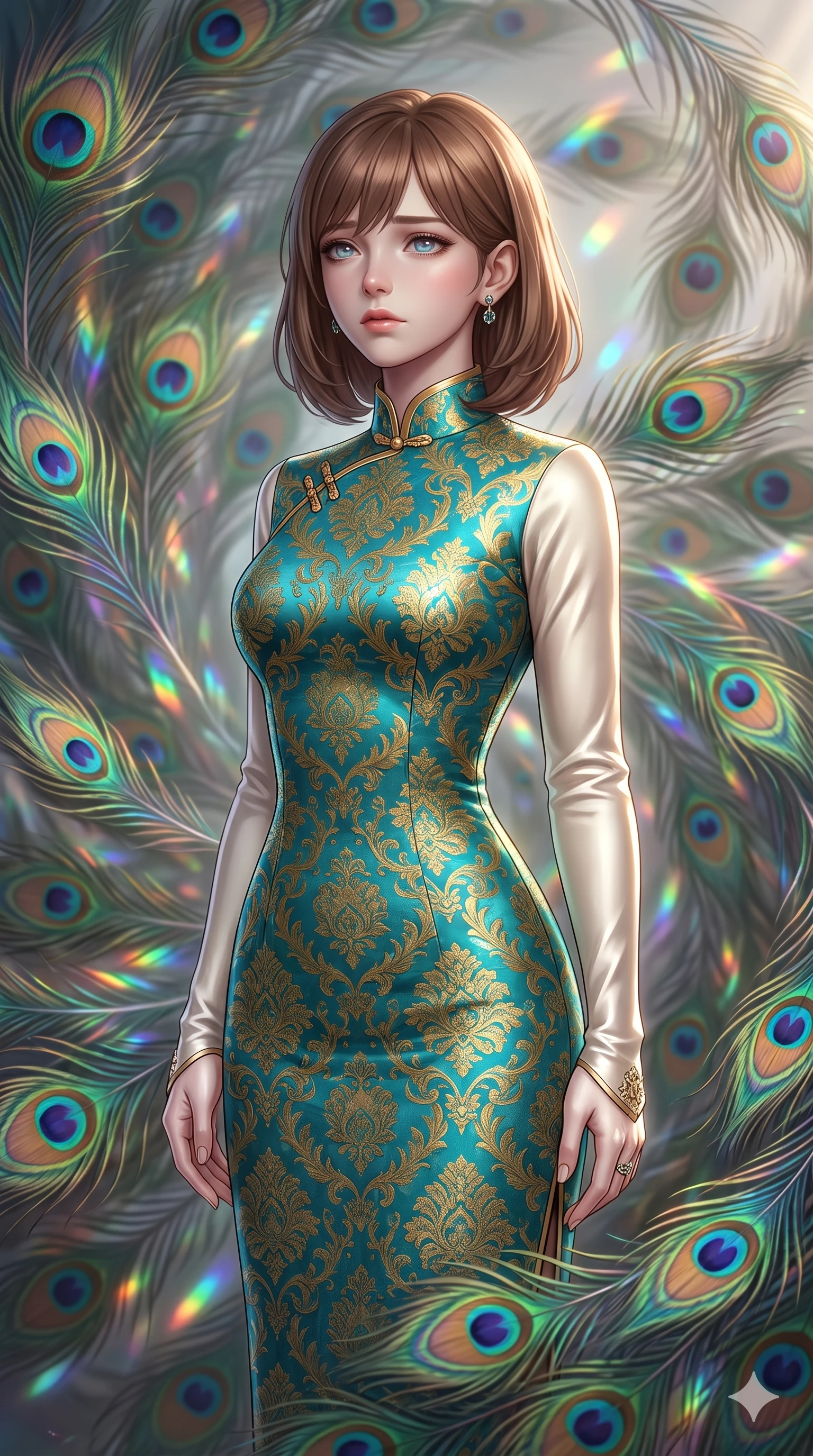 score_9, masterpiece, best quality, ultra-detailed, high-budget anime keyframe, editorial fashion photography, tasteful artistic composition, Caucasian woman, strictly human ears. close-up cowboy shot from the waist and thighs up, the character dominates the composition, filling the frame with her large presence, background elements kept in soft focus. Gazing into the distance with a wistful melancholic expression and softly glowing eyes. set against a soft-focus background of caught in a magnificent storm of thousands of iridescent peacock feathers that catch and scatter light into rainbow fractals as they swirl in complex spiraling patterns through the air. She has an exceptionally elegant and slender, willowy female figure with an ultra-slim waist, a gracefully sculpted slender torso, and a refined slim physique. sharp v-shaped jawline, high-bridge nose, intricate jewel-like eyes with depth, thick eyelashes, glossy lips with a natural sheen. wearing a contemporary qipao-inspired dress in vibrant teal and gold brocade, featuring a mandarin collar and elegant ivory satin long sleeves. soft glowing ambient light with sharp side key light tracing the sleek contours of her figure. 2k, ultra detail, master piece, 9:16 ratio