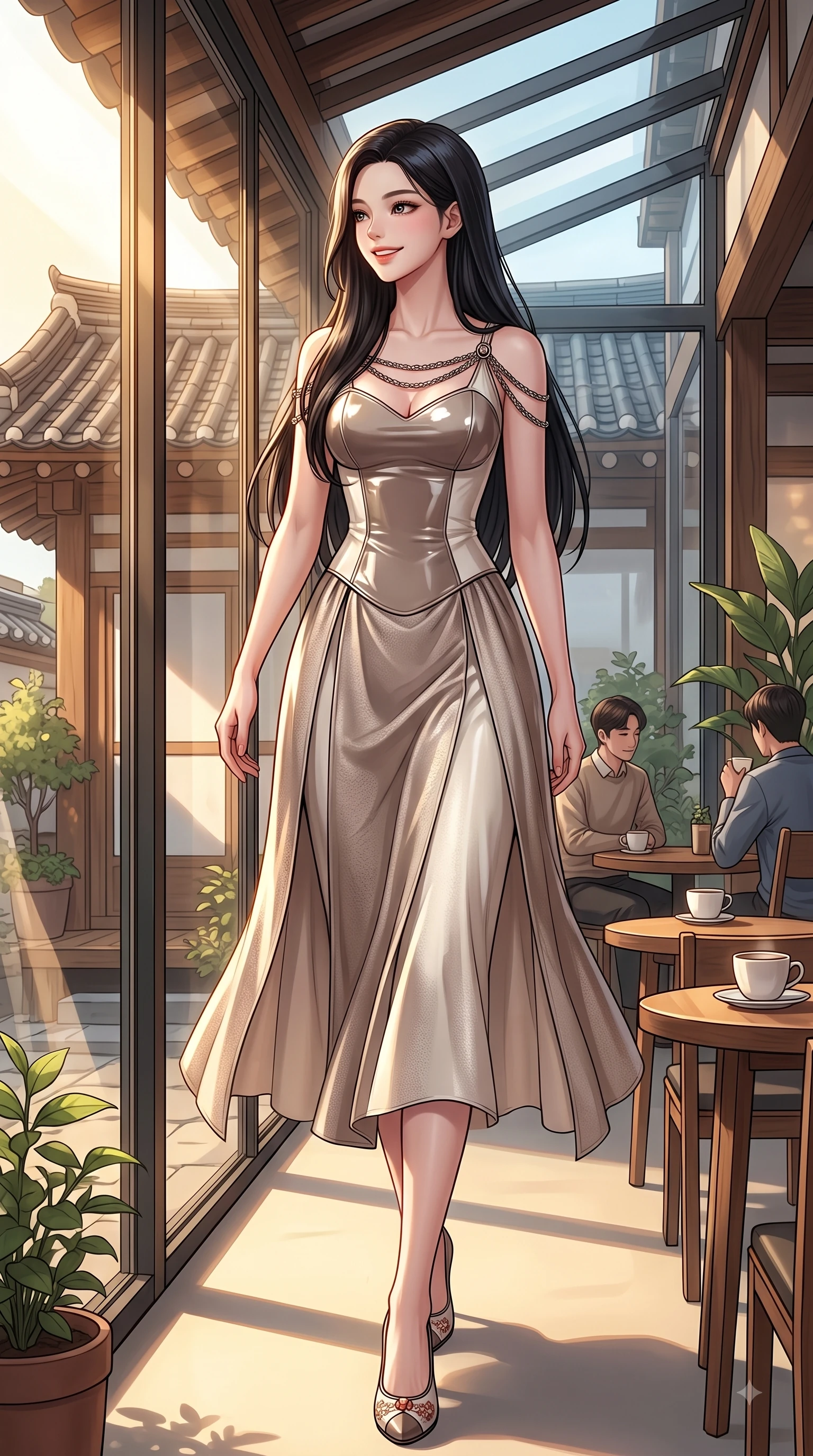 score_9, masterpiece, best quality, ultra-detailed, high-budget anime keyframe, editorial fashion photography, tasteful artistic composition, Korean woman. low angle full-body shot from head to toe showing her feet, filling the entire 9:16 vertical frame with her statuesque presence, stretching her vertical silhouette. forging dynamically through the scene with a fresh infectious smile, her ultra-slim waist creating a sweeping curve while looking out a large glass window with a tender cute smile as golden afternoon light streams in, traditional Hanok clay roof tiles and modern glass windows framing the background. She has an absolutely perfect, statuesque 8.5-heads proportion, an exceptionally tall and slender model-like female figure with impossibly long slender legs and an ultra-slim waist. sharp v-shaped jawline, high-bridge nose, intricate jewel-like eyes with depth, thick eyelashes, glossy lips with a natural sheen, flawlessly proportioned anatomical accuracy, natural body alignment, perfectly sculpted elegant limbs, clean dynamic posture without body distortion. wearing a modern fusion silk hanbok dress with a structured bodice and flowing skirt in muted taupe and soft ivory, tailored from high-gloss patent leather, adorned with delicate metallic chain straps along the neckline, the glove-like fit emphasizing her statuesque silhouette during motion. surrounded by a cozy, intimate, and relaxing cafe atmosphere. highly saturated vibrant anime colors, detailed shading with soft gradients, rich glossy textures, high-contrast stereoscopic depth, volumetric dynamic lighting, master piece, 9:16 ratio
