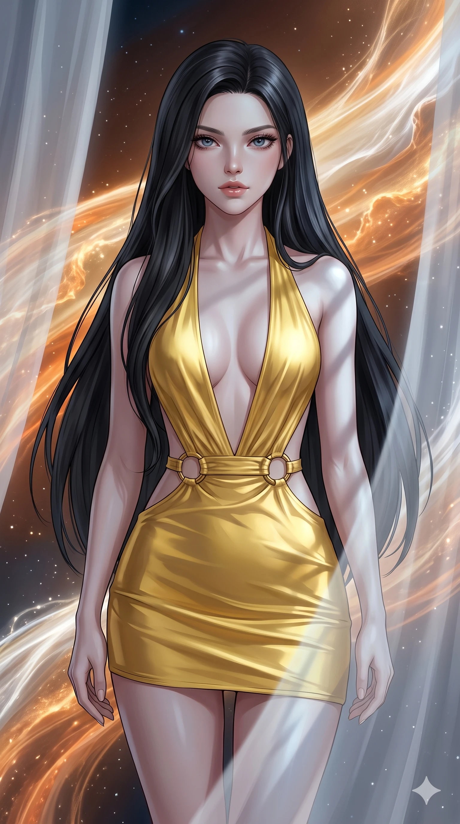 score_9, masterpiece, best quality, ultra-detailed, high-budget anime keyframe, editorial fashion photography, tasteful artistic composition, Korean woman. close-up cowboy shot from the waist and thighs up, the character dominates the composition, filling the frame with her large presence, background elements kept in soft focus. Looking directly at the camera with a bold fearless expression and parted lips. set against a soft-focus background of a vast open expanse of space where enormous ribbons of solar wind in orange gold and white stream past like cosmic rivers their surfaces rippling with magnetic turbulence and charged particle cascades. She has an exceptionally elegant and slender, willowy female figure with an ultra-slim waist, a gracefully sculpted slender torso, and a refined slim physique. sharp v-shaped jawline, high-bridge nose, intricate jewel-like eyes with depth, thick eyelashes, glossy lips with a natural sheen. wearing a backless halter mini dress in liquid yellow gold, featuring a plunging front cutout and gold rings at her waist. cold silver moonlight filtered through translucent gossamer curtains casting delicate shadows. 2k, ultra detail, master piece, 9:16 ratio