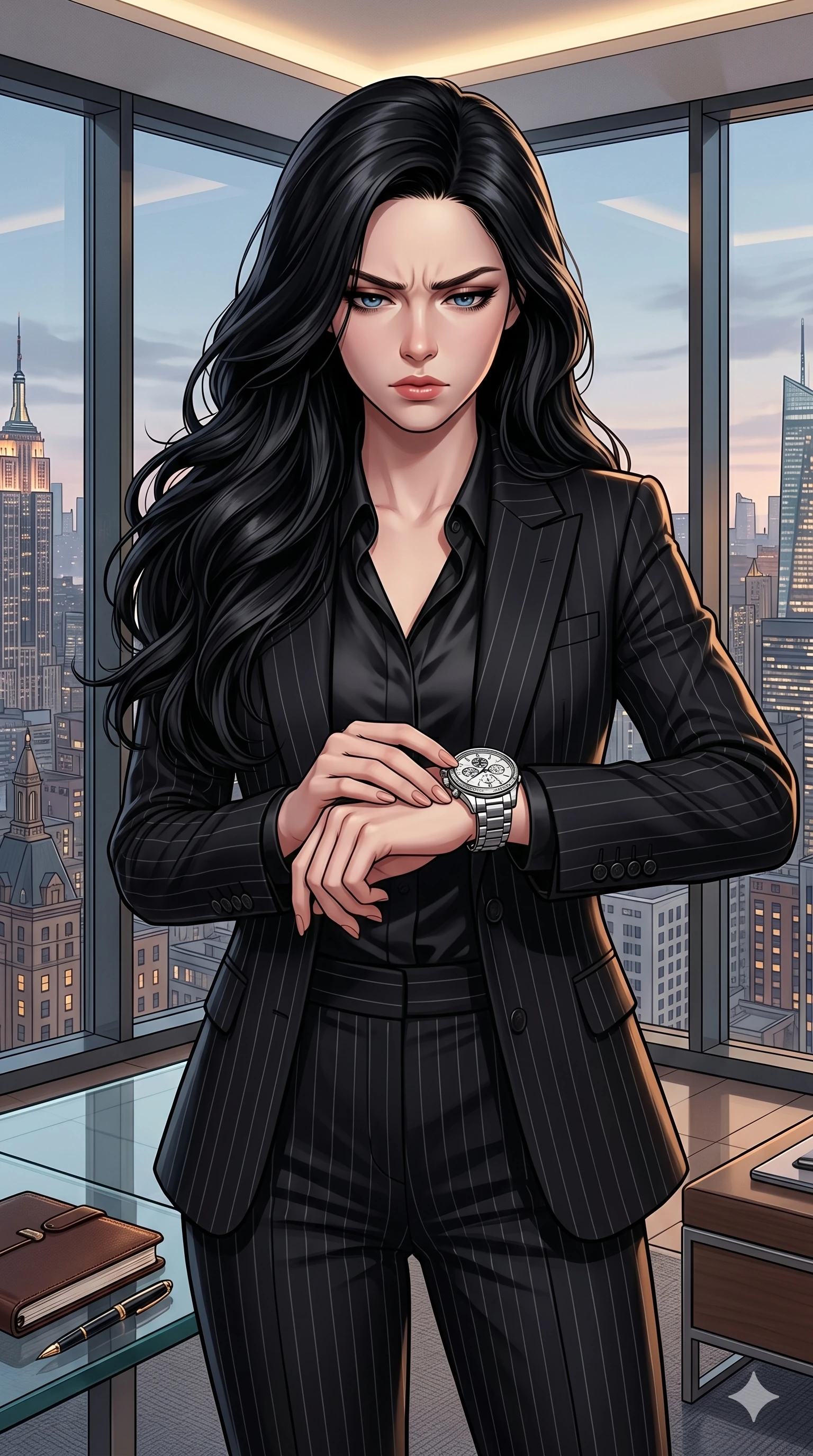 score_9, score_8_up, score_7_up, source_anime, masterpiece, best quality, ultra-detailed, same character with long flowing black hair, wearing a chic tailored designer pantsuit, upper body close-up from thigh up filling the screen, checking the time on a luxury wristwatch with a focused expression, modern high-rise corner office overlooking the city skyline, 2k, 9:16 ratio