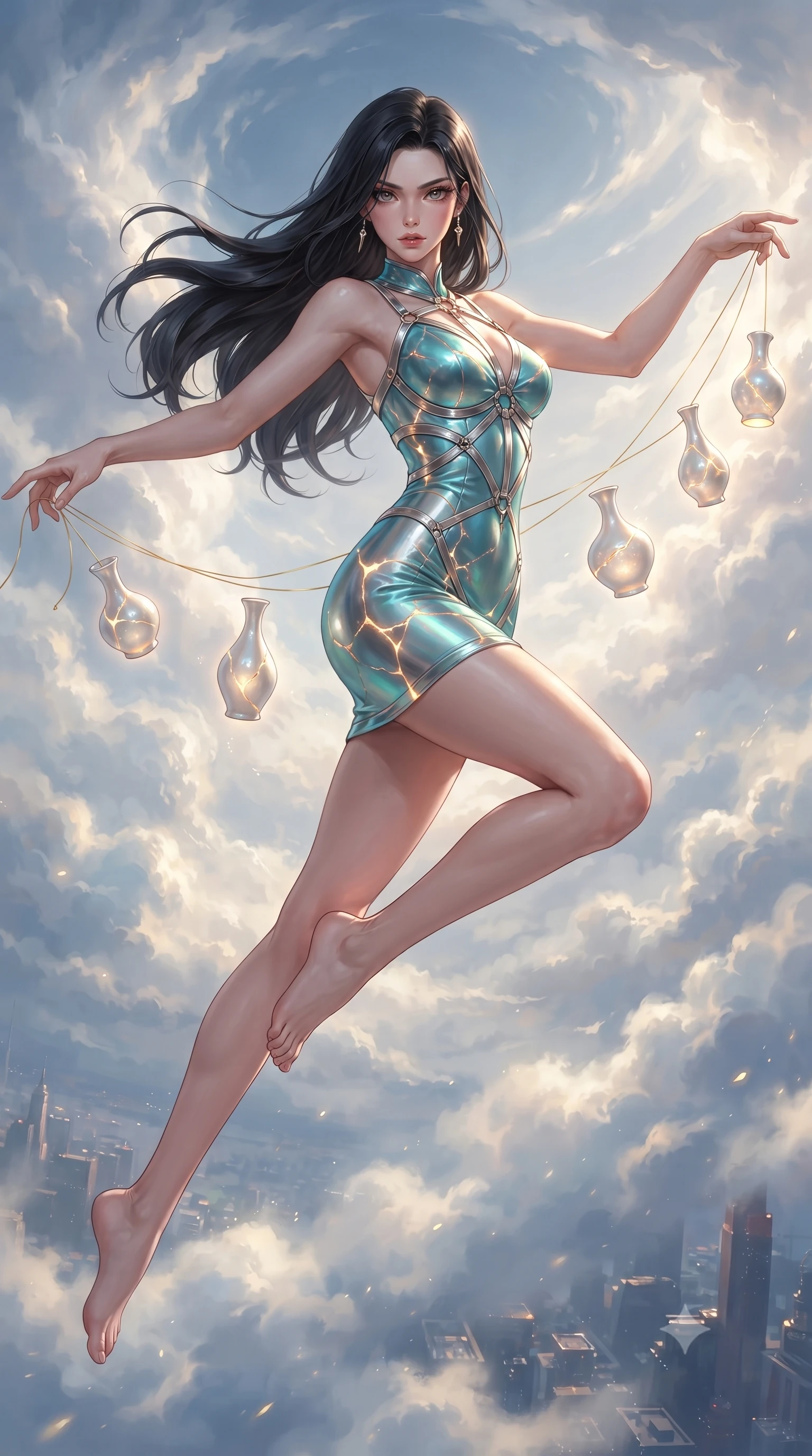 score_9, masterpiece, best quality, ultra-detailed, high-budget anime keyframe, editorial fashion photography, tasteful artistic composition, Korean woman. low angle full-body shot from head to toe showing her feet, filling the entire 9:16 vertical frame with her statuesque presence, stretching her vertical silhouette. leaping dynamically through the luminous sky, her posture full of power and elegance, threading golden wires through fine ceramic vases emitting soft inner glow, high-contrast texture of smooth porcelain and rough liquid gold. She has an absolutely perfect, statuesque 8.5-heads proportion, an exceptionally tall and slender model-like female figure with impossibly long slender legs and an ultra-slim waist. sharp v-shaped jawline, high-bridge nose, intricate jewel-like eyes with depth, thick eyelashes, glossy lips with a natural sheen. wearing glove-like fit pale turquoise latex bodycon mini dress in metallic silver, made of iridescent turquoise taffeta, highlighted by a platinum metallic harness structure, sculpting her athletic slender build with refined precision. illuminated by warm golden kintsugi glow radiating from opal porcelain cracks. ultra-reflective glossy finish, specular highlights, metallic sheen, high-contrast stereoscopic depth, volumetric dynamic lighting, 2k, ultra detail, master piece, 9:16 ratio