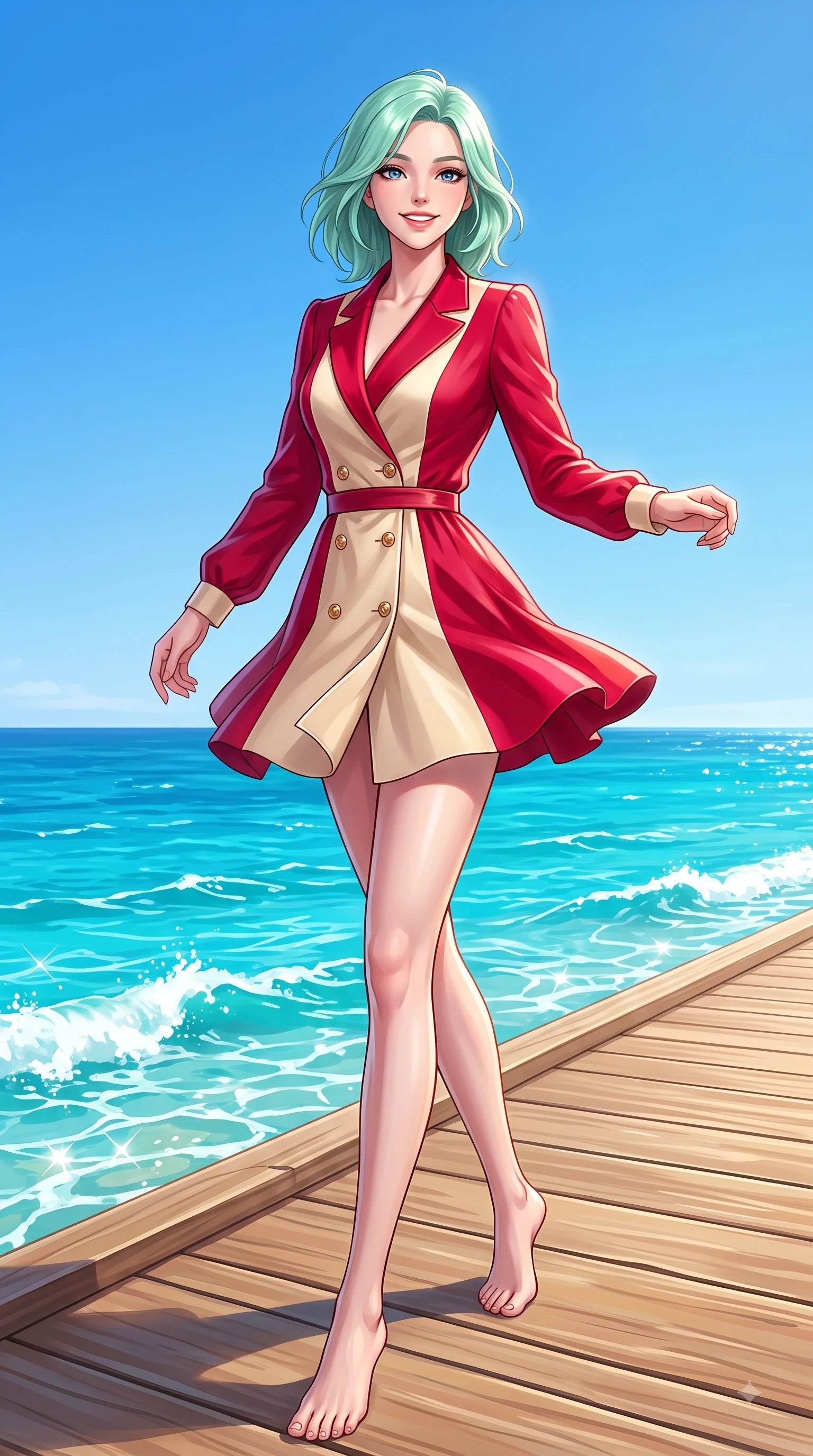 score_9, masterpiece, best quality, ultra-detailed, high-budget anime keyframe, editorial fashion photography, tasteful artistic composition, Japanese woman. low angle full-body shot from head to toe showing her feet, filling the entire 9:16 vertical frame with her statuesque presence, stretching her vertical silhouette. performing a cheerful mid-motion turn with flawless poise, her radiant smile capturing fresh girlhood energy while walking cheerfully along a seaside wooden boardwalk overlooking a turquoise ocean. The surrounding environment is rendered in vivid detail and crisp panoramic clarity. vibrant sea foam crests, wooden boardwalk planks, and crisp blue sky captured in high clarity. She has an absolutely perfect, statuesque 8.5-heads proportion, an exceptionally tall and slender model-like female figure with impossibly long slender legs and an ultra-slim waist. sharp v-shaped jawline, high-bridge nose, intricate jewel-like eyes with depth, thick eyelashes, glossy lips with a natural sheen, flawlessly proportioned anatomical accuracy, natural body alignment, perfectly sculpted elegant limbs, clean dynamic posture without body distortion. wearing a tailored double-breasted blazer dress with a sleek waist belt and clean lines in vivid crimson red and champagne cream, crafted from lightweight fluid chiffon, adorned with delicate gold buttons along the front, the tailored fabric tightly following every curve of her athletic build. bathed in bright tropical sunshine and glittering ocean water refractions. highly saturated vibrant anime colors, detailed shading with soft gradients, rich glossy textures, high-contrast stereoscopic depth, volumetric dynamic lighting, master piece, 9:16 ratio
