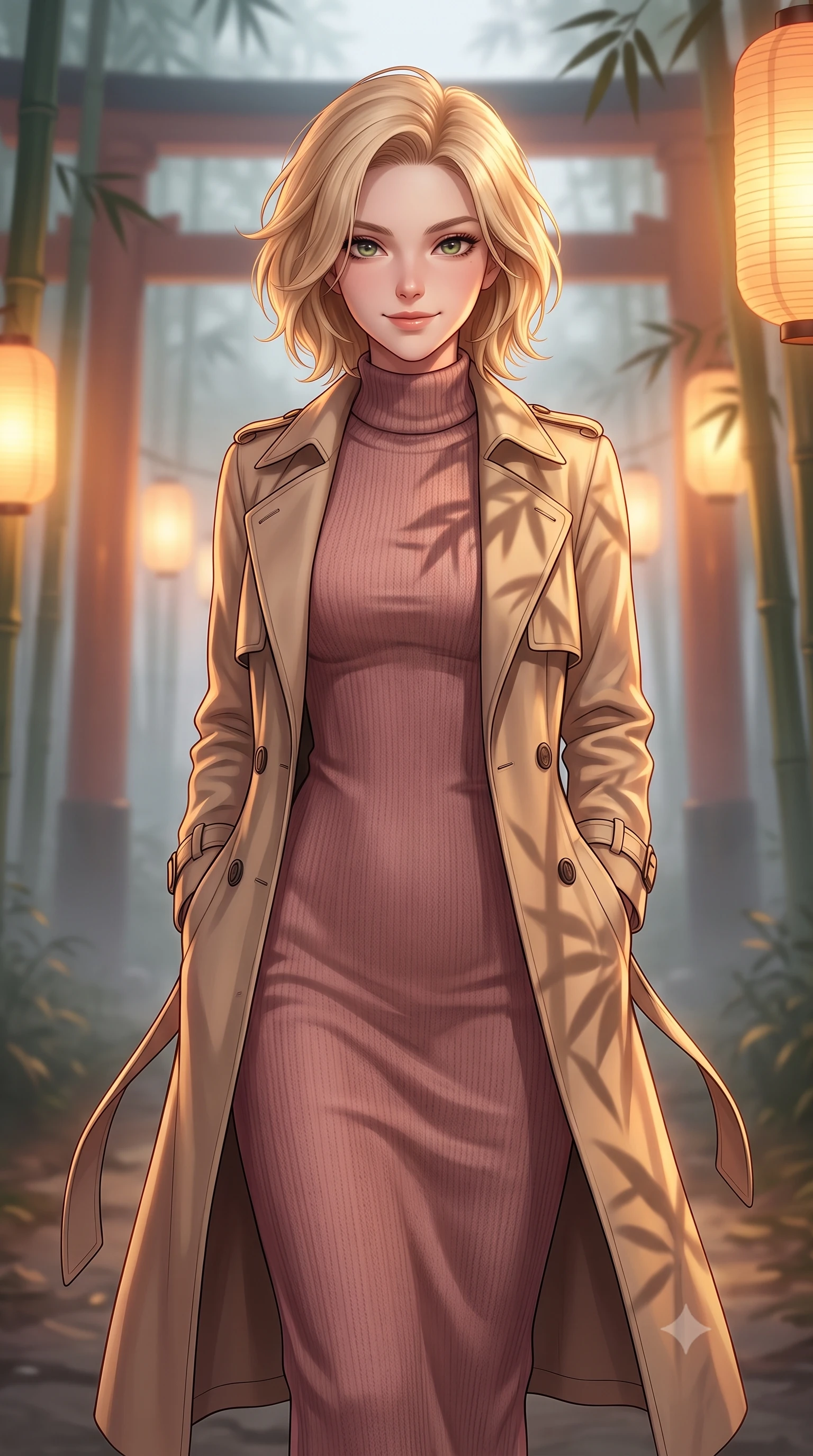 score_9, masterpiece, best quality, ultra-detailed, high-budget anime keyframe, editorial fashion photography, tasteful artistic composition, Caucasian woman woman. close-up cowboy shot from the waist and thighs up, the character dominates the composition, filling the frame with her large presence, background elements kept in soft focus. She has an exceptionally elegant, slender, and willowy female figure with an ultra-slim waist, a gracefully sculpted slender torso, and a refined silhouette. smiling with quiet, magnetic self-assurance directly into the camera lens, flawlessly proportioned anatomical accuracy, natural body alignment, perfectly sculpted elegant limbs, clean dynamic posture without body distortion. set against a soft-focus background of a misty bamboo torii shrine path with glowing paper lanterns. wearing a classic tailored trench coat over a high-neck dusty rose knit midi dress. bathed in warm amber lantern light casting soft organic bamboo leaf stencil shadows. highly saturated vibrant anime colors, detailed shading with soft gradients, rich glossy textures, high-contrast stereoscopic depth, volumetric dynamic lighting, master piece, 9:16 ratio