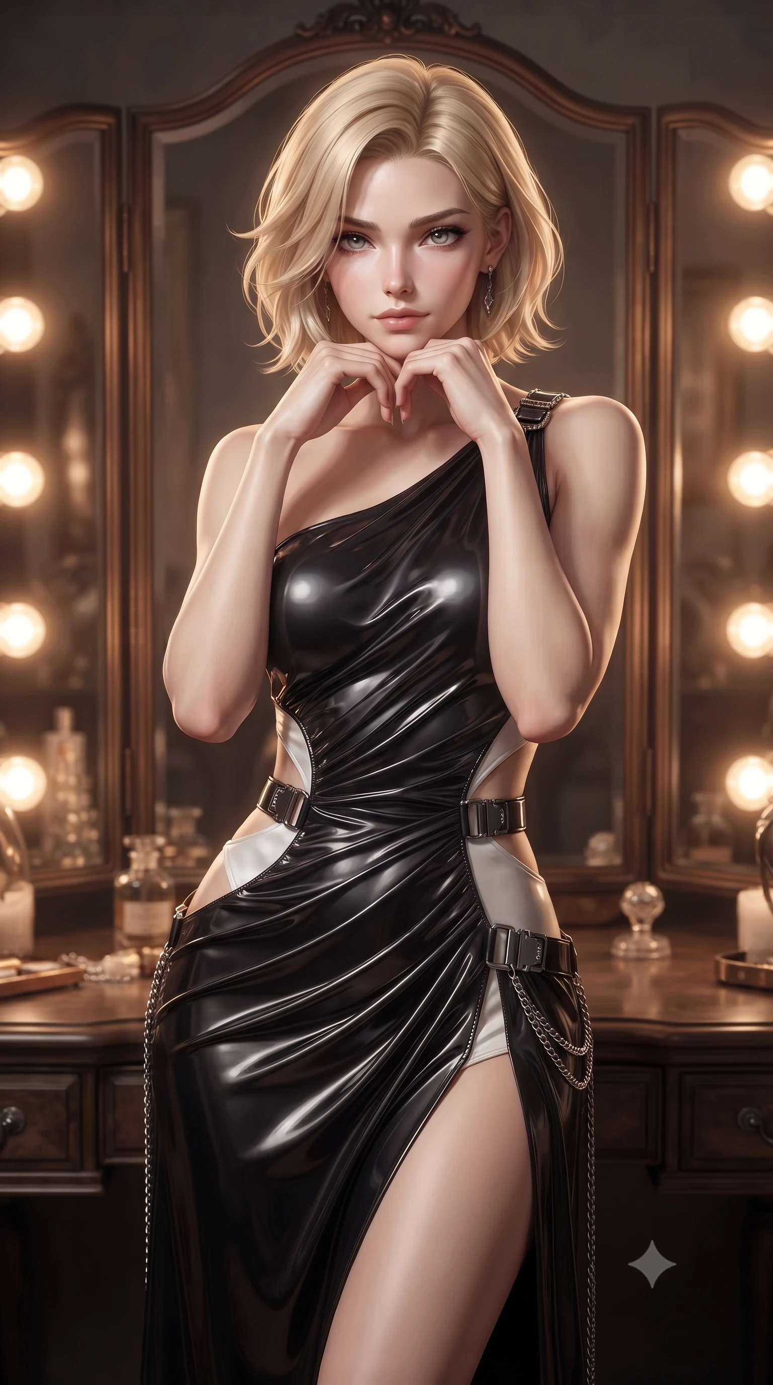 score_9, masterpiece, best quality, ultra-detailed, high-budget anime keyframe, editorial fashion photography, tasteful artistic composition, Caucasian woman. close-up cowboy shot from the waist and thighs up, the character dominates the composition, filling the frame with her large presence, background elements kept in soft focus. Resting her chin on the backs of her fingers with an air of effortless superiority, adjusting her outfit before an antique trifold dressing mirror, sharp v-shaped jawline and glossy lips glinting under key studio rays. She has an exceptionally elegant, slender, and willowy female figure with an ultra-slim waist, a gracefully sculpted slender torso, and a refined silhouette. sharp v-shaped jawline, high-bridge nose, intricate jewel-like eyes with depth, thick eyelashes, glossy lips with a natural sheen. wearing draped obsidian silk gown featuring tasteful waist slit cutouts in pearl white, made of high-gloss liquid vinyl, framed by dark titanium buckles and silver chain details, contouring every curve with an exceptionally elegant silhouette. illuminated by warm glowing vanity bulbs casting multi-directional rim lights. ultra-reflective glossy finish, specular highlights, metallic sheen, high-contrast stereoscopic depth, volumetric dynamic lighting, 2k, ultra detail, master piece, 9:16 ratio