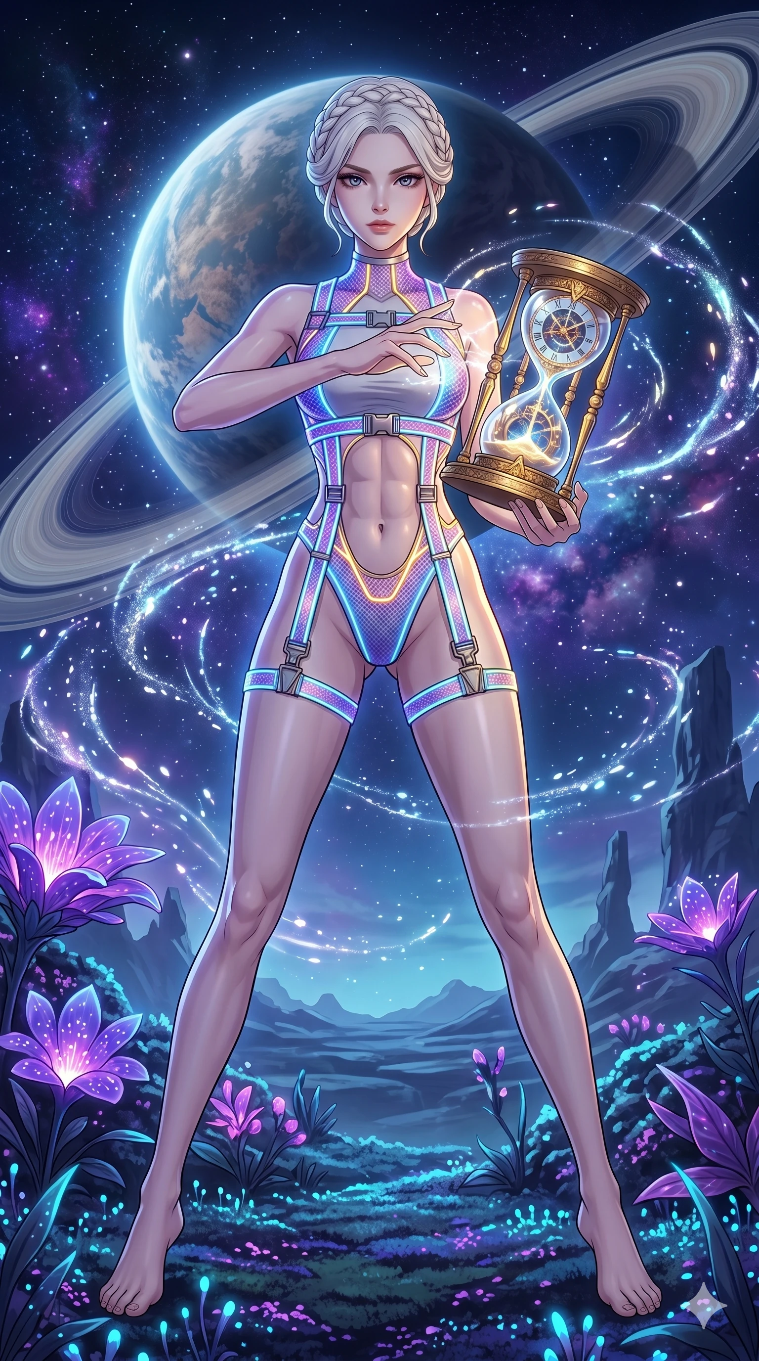 score_9, masterpiece, best quality, ultra-detailed, High-budget Anime Keyframe, vibrant colors, fluid line-art, expressive lighting, cinematic composition, Ufotable-style visual effects, top-tier animation quality, Japanese woman with delicate and elegant anime-inspired features. Wide-angle low shot emphasizing her impossibly long slender legs and commanding stature. Controlling the flow of time itself with an ornate golden hourglass, the world around her slowing to a complete standstill. She has an absolutely perfect 8-heads proportion, an exceptionally tall and slender female figure with impossibly long slender legs and an ultra-slim waist, her statuesque height and towering silhouette dominating the vertical 9:16 frame. Her face is a masterpiece featuring a sharp v-shaped jawline, high-bridge nose, intricate jewel-like eyes with depth, thick eyelashes, and glossy lips with a natural sheen. She is wearing a Micro-bodysuit with a complex integrated harness system and high-cut leg lines crafted from Fluorescent mesh that glows brightly under neon light, highlighting her silhouette, with an exposed midriff and a complex harness system that draws the eye. The scene is set in a mysterious alien planet with bioluminescent purple flora and a giant ringed planet in the sky, illuminated by flickering starlight and nebula glow providing a mystical and vast ambiance. 2k, ultra detail, master piece, 9:16 ratio