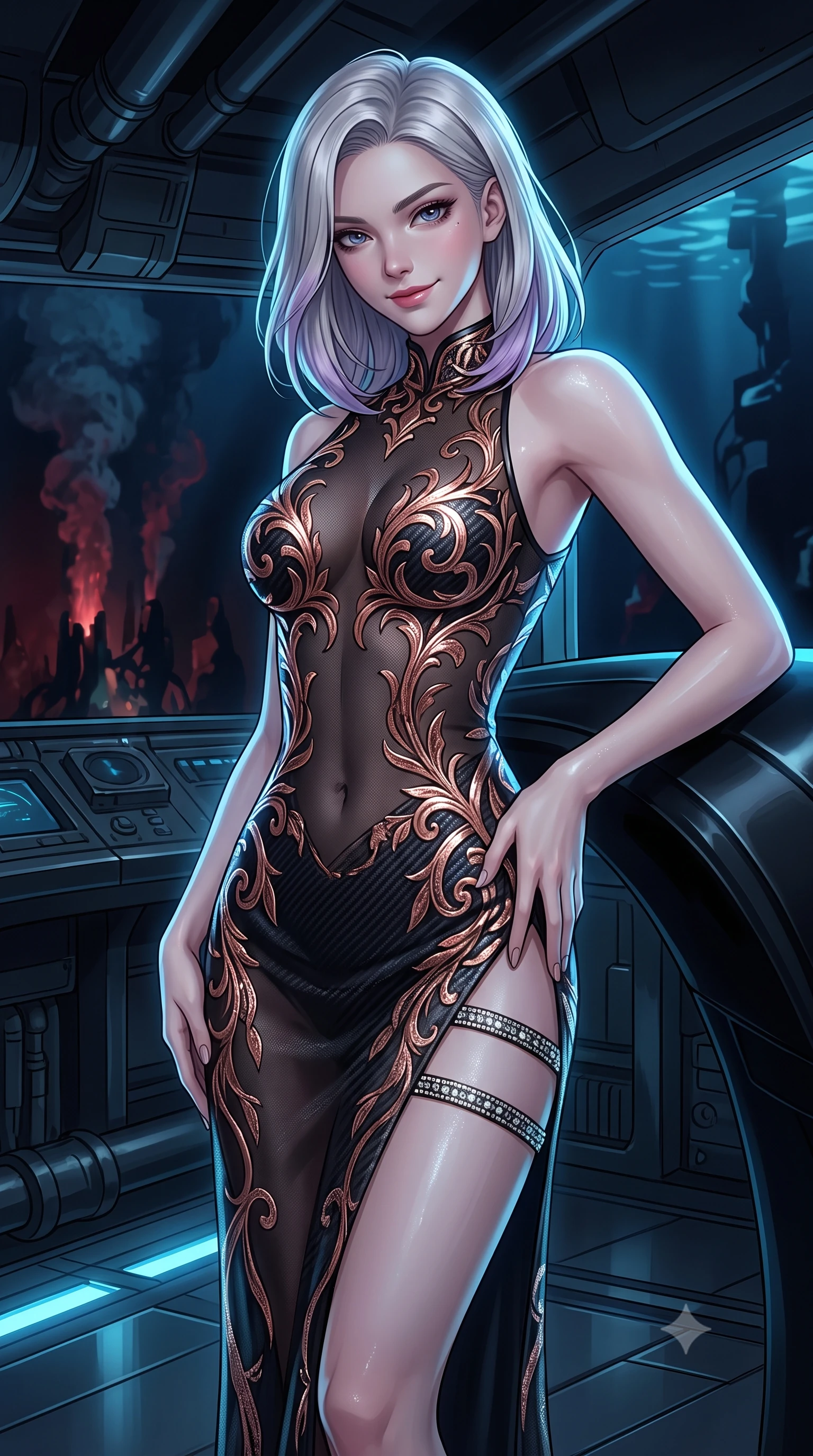 score_9, masterpiece, best quality, ultra-detailed, high-budget anime keyframe, editorial fashion photography, tasteful artistic composition, Caucasian woman. close-up cowboy shot from the waist and thighs up, the character dominates the composition, filling the frame with her large presence. tilting her head with a teasing half-smile, running one hand slowly down the side of her hip in a flirtatious S-curve as ambient light caresses her silhouette while leaning against the curved obsidian console with hips cocked back, looking out into the abyssal darkness illuminated by hydrothermal vent fires with smoldering bedroom-eyes. The surrounding environment is rendered in vivid detail and crisp panoramic clarity: detailed bespoke tailoring, liquid fabric textures, and extreme-depth abyssal engineering in razor-sharp precision. She has an exceptionally elegant, slender, and willowy female figure with an ultra-slim waist, flat toned midriff, narrow ribcage, and sculpted feminine hips creating an alluring, slim hourglass silhouette without bulk. sharp v-shaped jawline, high-bridge nose, intricate jewel-like sparkling eyes with depth, thick eyelashes, glossy parted lips with a natural peach sheen, bright cheerful beaming smile with an enchanting and coquettish sensual glint, exuding both youthful cute charm and seductive allure, flawlessly proportioned anatomical accuracy, strict slender model proportions, natural body alignment, perfectly sculpted long slender limbs, ultra-slim waistline, clean dynamic posture without body distortion. wearing a provocative sheer noir illusion mesh cocktail dress with embroidered climbing metallic ivy contouring her curves in high-gloss rose-gold and burnished copper, woven from structured carbon-fiber jacquard with rich textural depth, finished with delicate crystal-encrusted thigh garter straps glinting in the dim light, the second-skin tailored fabric adhering flawlessly to her sculpted flat midriff and slender torso, emphasizing her long leg lines and perfectly proportioned willowy build. illuminated by acrylic floor reflection bounce and sharp sapphire-cyan rim lights sculpting her razor-sharp jawline, narrow waist, and curvy hips. ultra-reflective glossy finish, specular highlights, rich textural contrasts, high-contrast stereoscopic depth, volumetric dynamic lighting, 2k, ultra detail, master piece, 9:16 ratio