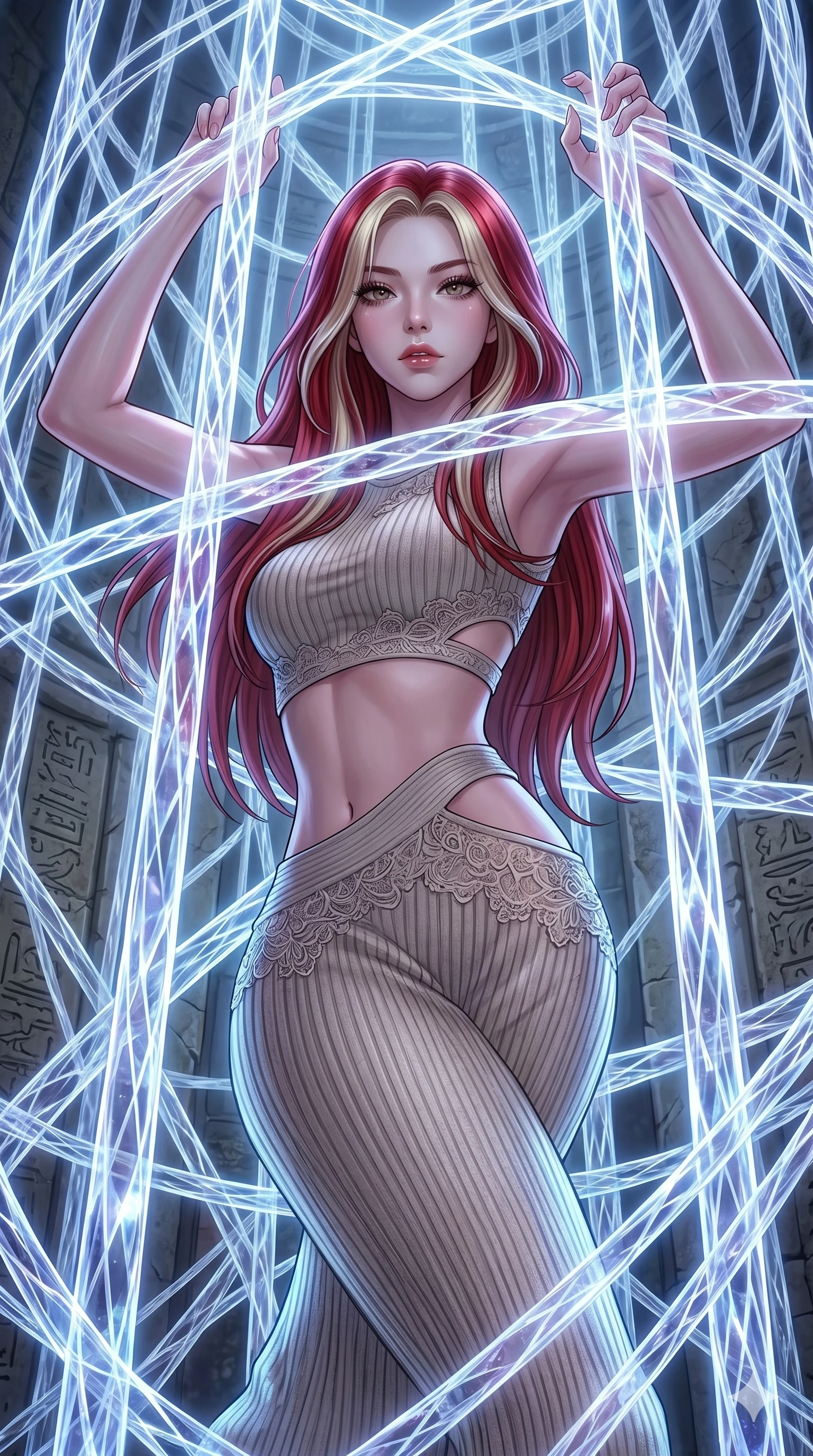 score_9, masterpiece, best quality, ultra-detailed, High-budget Anime Keyframe, East Asian woman. Dynamic full-body shot stretching the vertical silhouette to the limit. Scenario 42: Trapped in a cage of glowing crystalline fibers, body pressing against the bars. Her presence is magnetic and overpowering in this high-budget anime scene. Outfit 42: A ribbed bodycon knit second with a strategic side cut-outs and delicate lace embroidery. The clothing is designed to emphasize her exceptionally tall and slender 8-heads proportion. 8-heads proportion, towering silhouette, ultra-slim waist. sharp v-shaped jawline, intricate jewel-like eyes with depth, thick eyelashes, glossy lips. 2k, ultra detail, master piece, 9:16 ratio