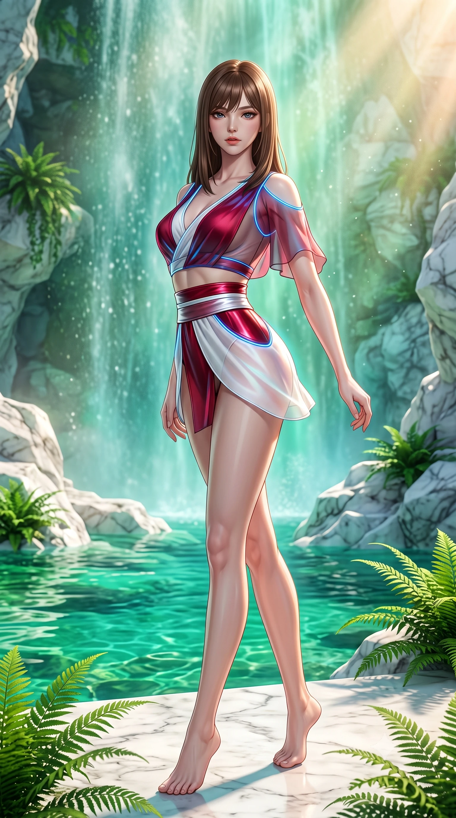 score_9, masterpiece, best quality, ultra-detailed, high-budget anime keyframe, semi-realistic 3D game render, editorial fashion photography, tasteful artistic composition, Korean woman. low angle full-body shot from head to toe showing her feet, filling the entire 9:16 vertical frame with her statuesque presence, stretching her vertical silhouette. pivoting dynamically in mid-motion with a breathtakingly alluring posture, displaying her flawless model proportions and ultra-slim waist while arching her back in a fluid motion as warm morning sunlight scatters through fine waterfall mist. The surrounding environment is rendered in vivid detail and crisp panoramic clarity. intricate white marble stone veins, crystal-clear emerald water pools, and lush tropical ferns in deep focus. She has an absolutely perfect, statuesque 8.5-heads proportion, an exceptionally tall and slender model-like female figure with impossibly long slender legs, a toned flat midriff, and an ultra-slim waist. sharp v-shaped jawline, high-bridge nose, intricate jewel-like eyes with depth, thick eyelashes, glossy lips with a natural sheen, flawlessly proportioned anatomical accuracy, strict slender model proportions, natural body alignment, perfectly sculpted long slender limbs, ultra-slim waistline, clean dynamic posture without body distortion. wearing a shortened cyber-fusion wrap top with transparent chiffon panels, a deep crossover neckline, and a high-waisted metallic sash that accentuates her ultra-slim waist in radiant crimson silk and crisp snow white, made of smooth iridescent silk chiffon that shifts colors with movement, accented with glowing fiber-optic seams tracing her collarbones and hip curves, the glove-like aerodynamic second-skin fit tightly clinging to her ultra-slender waist and athletic curves without adding bulk, accentuating her razor-sharp statuesque lines and slim hourglass silhouette. bathed in bright morning sunbeams penetrating waterfall mist with radiant green and cyan ambient glow. highly saturated vibrant anime colors, detailed shading with soft gradients, rich glossy textures, high-contrast stereoscopic depth, volumetric dynamic lighting, master piece, 9:16 ratio