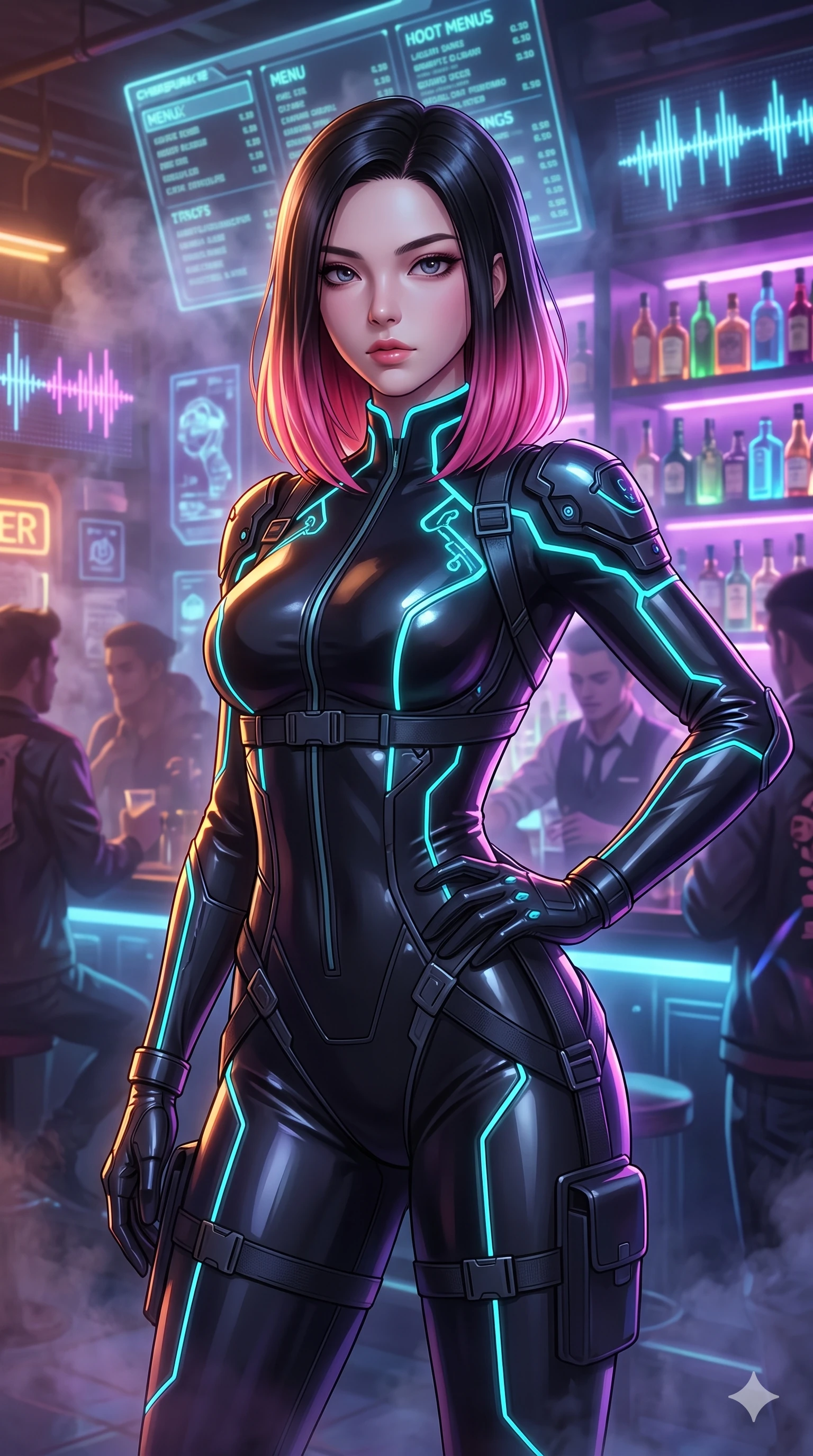 score_9, masterpiece, best quality, ultra-detailed, high-budget anime keyframe, semi-realistic 3D game render, editorial fashion photography, tasteful artistic composition, Korean woman. close-up cowboy shot from the waist and thighs up, the character dominates the composition, filling the frame with her large presence. twisting her slender torso in an alluring S-curve, dynamic rim light painting her narrow waist and curvy hips in fire while twisting her slender torso in an alluring S-curve, glowing liquor bottle illumination and soundwave lasers tracing her flat midriff and hourglass curves. The background shows a soft-focus hazy speakeasy atmosphere softened in underground cyber bar shallow focus. She has an exceptionally elegant, slender, and willowy female figure with an ultra-slim waist, flat toned midriff, narrow ribcage, and sculpted feminine hips creating an alluring, slim hourglass silhouette without bulk. sharp v-shaped jawline, high-bridge nose, intricate jewel-like sparkling eyes with depth, thick eyelashes, glossy parted lips with a natural sheen, bright confident smile with an enchanting and coquettish sensual glint, exuding both youthful magnetic charm and sovereign high-tech allure, flawlessly proportioned anatomical accuracy, strict slender model proportions, natural body alignment, perfectly sculpted long slender limbs, ultra-slim waistline, clean dynamic posture without body distortion. wearing a translucent high-gloss polymer flight suit with internal luminescent wire filigree and tailored waist cinching in matte obsidian black and glowing neon cyan trim, made of fluid liquid jersey with seamless sculpting hold and smooth contours, finished with high-tension magnetic quick-release clasps glinting along her collarbones, the high-slit tactical tailoring accentuating her ultra-slim waistline and the enchanting curve of her feminine hips with alluring seductive charm. illuminated by counter surface bounce and sharp amber-violet rim lights sculpting her razor-sharp jawline, narrow waist, and curvy hips. highly saturated vibrant anime colors, detailed shading with soft gradients, rich glossy textures, high-contrast stereoscopic depth, volumetric dynamic lighting, master piece, 9:16 ratio