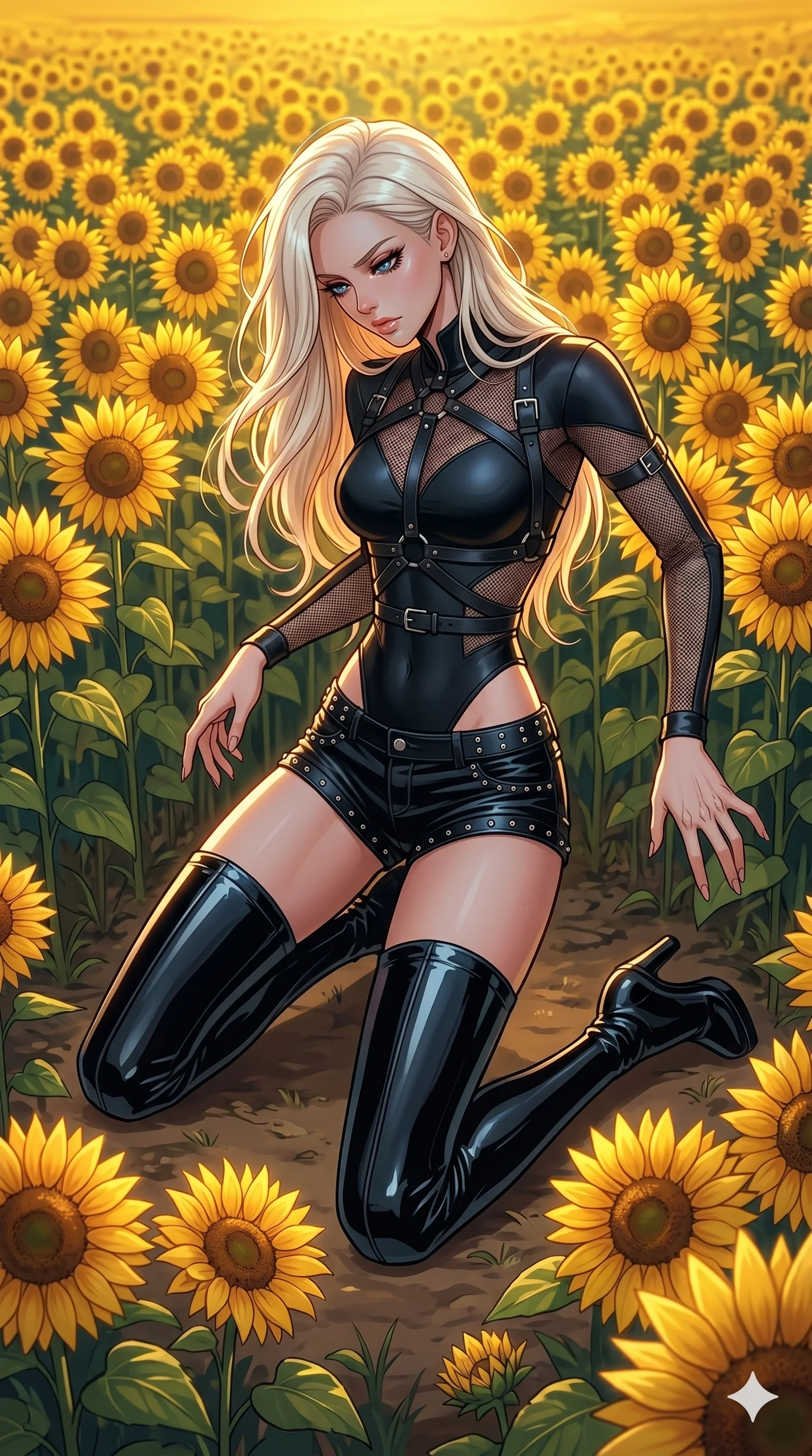 score_9, masterpiece, best quality, ultra-detailed, high-budget anime movie keyframe, cinematic anime lighting, intricate line art, Korean woman. Dynamic full-body shot stretching the vertical silhouette with extreme perspective. collapsing onto her knees in a field of sunflowers after a long journey. She has an absolutely perfect 8-heads proportion, an exceptionally tall and slender female figure with an ultra-slim waist and impossibly long slender legs. strictly human anatomy, two legs only, no extra limbs, clearly defined legs and arms, perfect anatomy, perfect hands and fingers. sharp v-shaped jawline, high-bridge nose, intricate jewel-like eyes, thick eyelashes, glossy lips. Wearing K-Idol Stage: Leather harness over mesh, high-cut bodysuit, studded micro-shorts, and thigh-high patent boots. The scene is illuminated by dramatic atmospheric lighting and vibrant color palettes. , 2k, ultra detail, master piece, 9:16 ratio
