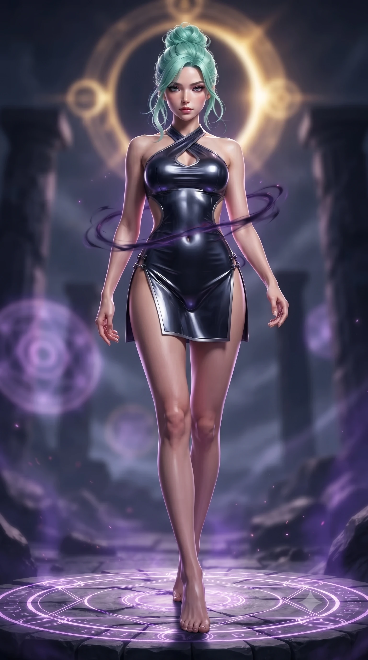 score_9, masterpiece, best quality, ultra-detailed, high-budget anime keyframe, editorial fashion photography, tasteful artistic composition, Japanese woman. low angle full-body shot from head to toe showing her feet, filling the entire 9:16 vertical frame with her statuesque presence, stretching her vertical silhouette. striding forward in a proud, statuesque motion with a dangerous smolder, hips swaying with fierce allure, dominating the frame from head to toe while pivoting dynamically on a circular stone glyph platform as dark violet magical wisps wrap around her slender waist. The composition keeps background elements in soft focus with creamy bokeh. ancient basalt monolithic pillars and glowing arcane circles softened by moody atmospheric focus. She has an absolutely perfect, statuesque 8.5-heads proportion, an exceptionally tall and slender model-like female figure with impossibly long slender legs, a toned flat midriff, and an ultra-slim waist. sharp v-shaped jawline, high-bridge nose, intricate jewel-like eyes with depth, thick eyelashes, glossy lips with a natural sheen, flawlessly proportioned anatomical accuracy, strict slender model proportions, natural body alignment, perfectly sculpted long slender limbs, ultra-slim waistline, clean dynamic posture without body distortion. wearing a molten gunmetal liquid-metal mini dress featuring deep side-waist cutouts and a daring crossover halter neckline in midnight navy blue and shadowed silver trim, crafted from ultra-reflective second-skin latex with a high-gloss glass-like polish, finished with an ultra-high side slit secured by miniature magnetic clasps, the glove-like aerodynamic second-skin fit tightly clinging to her ultra-slender waist and athletic curves without adding bulk, accentuating her razor-sharp statuesque lines and slim hourglass silhouette. bathed in glowing violet arcane energy uplights and sharp golden eclipse corona rim lighting. ultra-reflective glossy finish, specular highlights, dark metallic sheen, deep chiaroscuro contrast, volumetric dynamic shadow lighting, 2k, ultra detail, master piece, 9:16 ratio