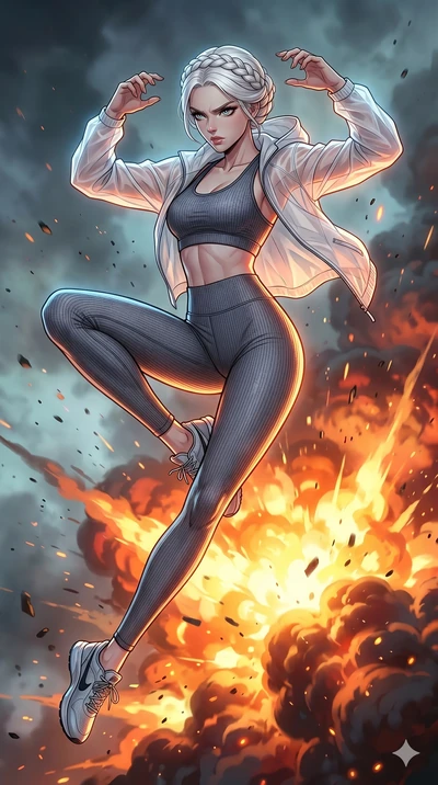 score_9, masterpiece, best quality, ultra-detailed, high-budget anime movie keyframe, cinematic anime lighting, intricate line art, Japanese anime girl. Mid-air action shot capturing a graceful twist and vertical silhouette. reeling back from an expl