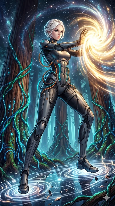 score_9, masterpiece, best quality, ultra-detailed, Set A: High-budget Anime Keyframe, Caucasian (human ears) woman. Low angle cowboy shot filling the entire 9:16 frame with her statuesque presence. Theme: Primal Nature. unleashing a massive energy w