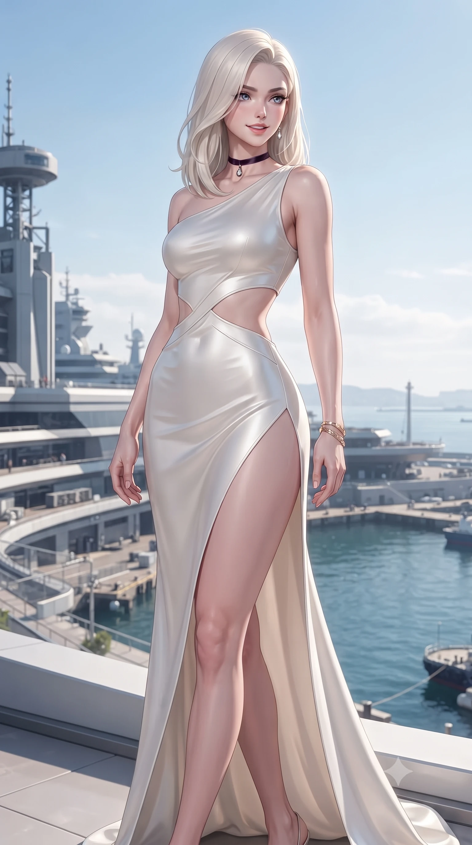 score_9, masterpiece, best quality, ultra-detailed, high-budget anime keyframe, editorial fashion photography, tasteful artistic composition, Caucasian woman. low angle full-body shot from head to toe showing her feet, filling the entire 9:16 vertical frame with her statuesque presence, stretching her vertical silhouette. executing a slow, graceful pivot turn as her skirt sways around her slender legs, glancing back with an enchanting, teasing sensual expression while twisting her slender torso in an alluring contrapposto stance, coastal sea breezes molding her sheer gown to her long slender legs and curvy hips. The surrounding environment is rendered in vivid detail and crisp panoramic clarity: detailed plunging cowl-neck silk satin gown drape, gold jewelry sparkle, and modern naval architecture in razor-sharp precision. She has an absolutely perfect, statuesque 8.5-heads proportion, an exceptionally tall and slender model-like female figure with impossibly long slender legs, an ultra-slim waist, a flat toned midriff, narrow delicate ribcage, and beautifully sculpted feminine hips creating a graceful, slim hourglass silhouette without any bulky heaviness. sharp v-shaped jawline, high-bridge nose, sparkling eyes with hypnotic seductive depth, thick curled eyelashes, glossy parted lips with a natural dewy peach sheen, alluring bedroom-eyes with an enchanting coquettish smile, exuding magnetic siren charisma and sophisticated glamour, flawlessly proportioned anatomical accuracy, strict slender model proportions, natural body alignment, perfectly sculpted long slender limbs, ultra-slim waistline, clean dynamic posture without body distortion. wearing an asymmetric one-shoulder liquid jersey gown with dramatic hip-high slit and sculptural waist cutout in pure pearl alabaster with platinum sheen, tailored from fine structural neoprene with crisp architectural edges and smooth contouring, finished with a thin velvet ribbon choker and a single teardrop diamond pendant, the liquid-tight tailored fabric clinging flawlessly to her narrow waist and rounded feminine hips, emphasizing every millimeter of her sculpted slim hourglass curves without any bulky heaviness. illuminated by open water specular bounce and sharp platinum rim lights sculpting her razor-sharp jawline, narrow waist, and curvy hips. ultra-reflective glossy finish, specular highlights, rich textural contrasts, high-contrast stereoscopic depth, volumetric dynamic lighting, 2k, ultra detail, master piece, 9:16 ratio
