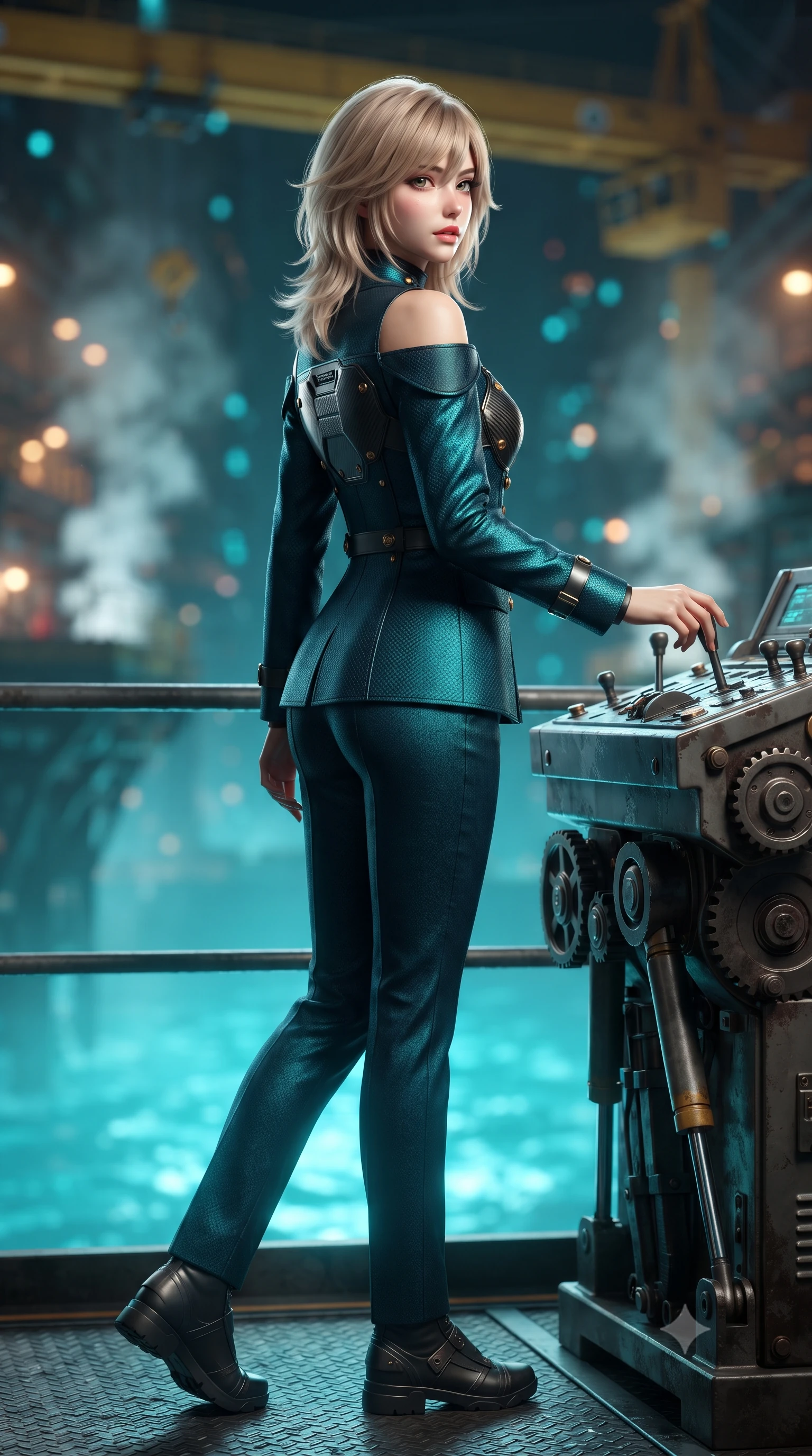 score_9, masterpiece, best quality, ultra-detailed, high-budget anime keyframe, editorial fashion photography, tasteful artistic composition, Japanese woman. low angle full-body shot from head to toe showing her feet, filling the entire 9:16 vertical frame with her statuesque presence, stretching her vertical silhouette. walking along the terrace with poise, looking back over her bare shoulder with an irresistible smoldering bedroom-gaze while leaning against the heavy hydraulic crane console with hips cocked back, watching exploration submersibles descend into the turquoise abyss with smoldering bedroom-eyes. The background shows a soft-focus glowing turquoise water opening straight down into Europa's ocean, rising steam from heated gantries, and overhead yellow cranes blurred into turquoise, amber, and diamond bokeh. She has an exceptionally tall and slender model-like 8.5-heads proportion, an ultra-slim waist, a flat toned midriff, narrow delicate ribcage, and beautifully sculpted feminine hips creating a graceful, slim hourglass silhouette without any bulky heaviness, with impossibly long slender legs. sharp v-shaped jawline, high-bridge nose, intricate jewel-like sparkling eyes with depth, thick eyelashes, glossy parted lips with a natural peach sheen, bright cheerful beaming smile with an enchanting and coquettish sensual glint, exuding both youthful cute charm and seductive allure, flawlessly proportioned anatomical accuracy, strict slender model proportions, natural body alignment, perfectly sculpted long slender limbs, ultra-slim waistline, clean dynamic posture without body distortion. wearing a structured cyber-infantry dress uniform jacket with carbon-fiber chest plating and brass buttons over a mock-neck top and tailored wool trousers in bioluminescent emerald and abyssal sapphire, woven from structured carbon-fiber jacquard with rich textural depth, finished with sleek magnetic buckle closures fluttering in the breeze, the bespoke structured tailoring following the natural line of her 8.5-heads silhouette with refined elegance. bathed in brilliant turquoise water up-light combined with warm 2800K platform recessed downlights. ultra-reflective glossy finish, specular highlights, rich textural contrasts, high-contrast stereoscopic depth, volumetric dynamic lighting, 2k, ultra detail, master piece, 9:16 ratio