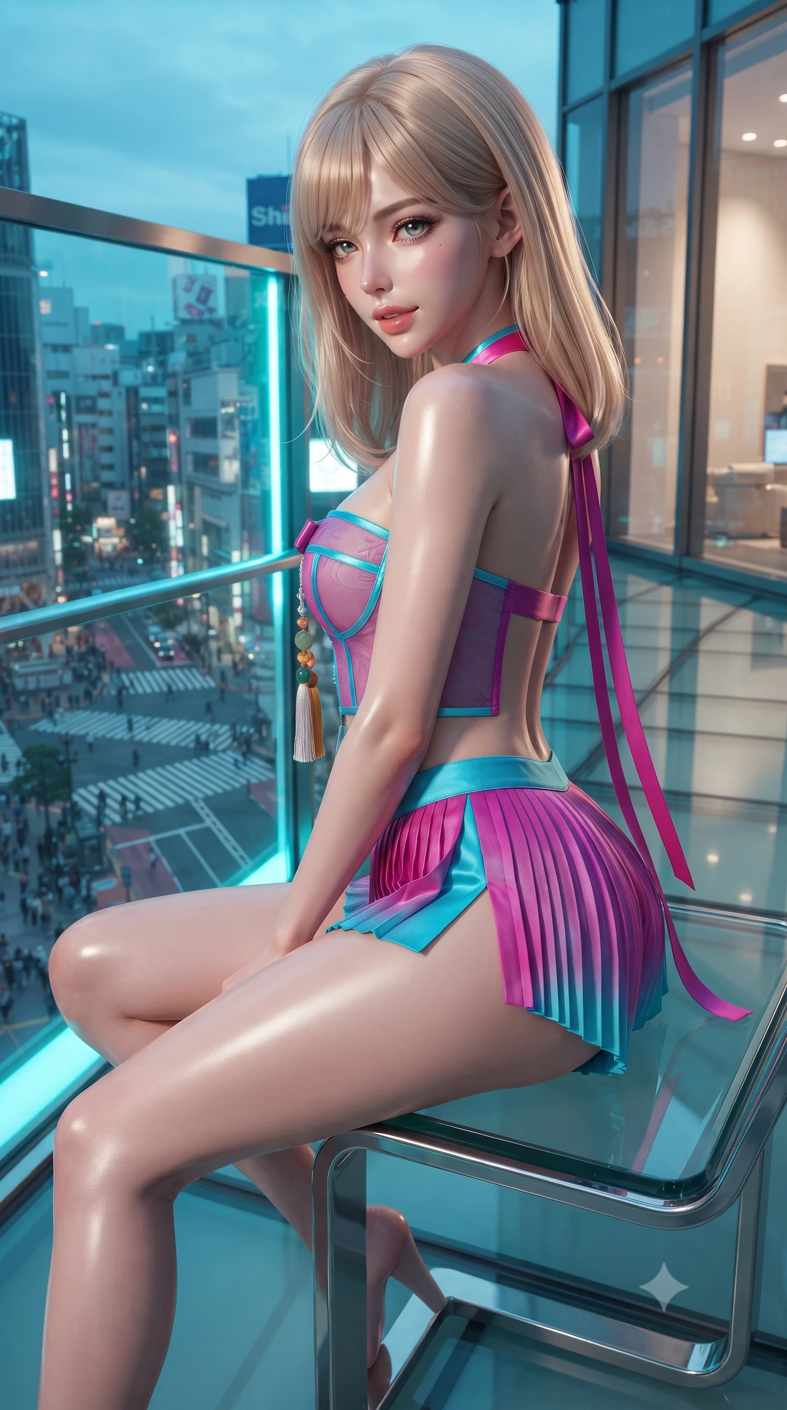 score_9, masterpiece, best quality, ultra-detailed, high-budget anime keyframe, editorial fashion photography, tasteful artistic composition, Japanese woman. close-up cowboy shot from the waist and thighs up, the character dominates the composition, filling the frame with her large presence. perched sideways on the lounge seat, one knee drawn up to showcase her slender leg line while her arched back accentuates her feminine hip curve while standing poised on the glass pedestrian bridge looking down over the bustling crossing, arching her back with high-fashion magnetism. The surrounding environment is rendered in vivid detail and crisp panoramic clarity: detailed wet-look vinyl pants cling, glossy lip texture, and Shibuya urban architecture in razor-sharp resolution. She has an exceptionally elegant, slender, and willowy female figure with an ultra-slim waist, flat toned midriff, narrow ribcage, and sculpted feminine hips creating an alluring, slim hourglass silhouette without bulk. sharp v-shaped jawline, high-bridge nose, sparkling eyes with hypnotic seductive depth, thick curled eyelashes, glossy parted lips with a natural dewy peach sheen, alluring bedroom-eyes with an enchanting coquettish smile, exuding magnetic siren charisma and sophisticated glamour, flawlessly proportioned anatomical accuracy, strict slender model proportions, natural body alignment, perfectly sculpted long slender limbs, ultra-slim waistline, clean dynamic posture without body distortion. wearing a modern strapless boned hanbok bustier with traditional norigae tassel accents paired with a micro-pleated silk mini skirt in electric 80s magenta and neon cyan with chrome highlights, made of delicate semi-sheer Korean gossamer organza with subtle pearlescent glints, finished with long silk ribbon ties fluttering down her bare spine from a backless halter, the high-slit wrap tailoring accentuating her ultra-slim waistline and the enchanting curve of her feminine hips with alluring seductive charm. illuminated by glass window bounce and sharp electric-cyan rim lights defining her razor-sharp jawline, ultra-slim waist, and curvy hips. ultra-reflective glossy finish, specular highlights, rich textural contrasts, high-contrast stereoscopic depth, volumetric dynamic lighting, 2k, ultra detail, master piece, 9:16 ratio