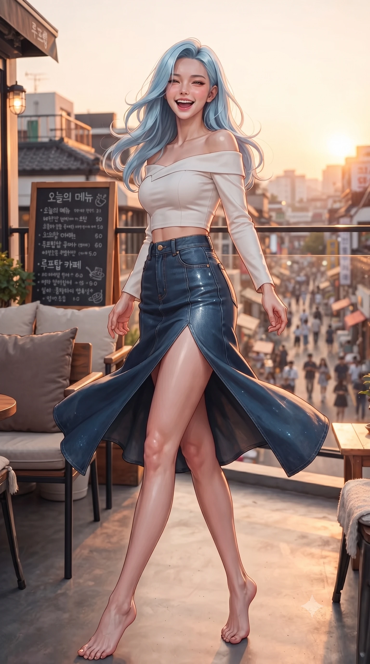 score_9, masterpiece, best quality, ultra-detailed, high-budget anime keyframe, editorial fashion photography, tasteful artistic composition, Korean woman. low angle full-body shot from head to toe showing her feet, filling the entire 9:16 vertical frame with her statuesque presence, stretching her vertical silhouette. twirling around with a playful, cute laugh, her skirt billowing beautifully in the air set against a soft-focus background of on a rooftop cafe terrace overlooking a busy pedestrian street below with a handwritten menu board and cozy cushions on the chairs. She has an absolutely perfect, statuesque 8.5-heads proportion, an exceptionally tall and slender model-like female figure with impossibly long slender legs and an ultra-slim waist. sharp v-shaped jawline, high-bridge nose, intricate jewel-like eyes with depth, thick eyelashes, glossy lips with a natural sheen. wearing tailored stylish off-shoulder crop top paired with a high-slit denim midi skirt. golden hour sunset rays painting the cozy interior in a warm orange wash. ultra-reflective glossy finish, specular highlights, metallic sheen, high-contrast stereoscopic depth, volumetric dynamic lighting, 2k, ultra detail, master piece, 9:16 ratio