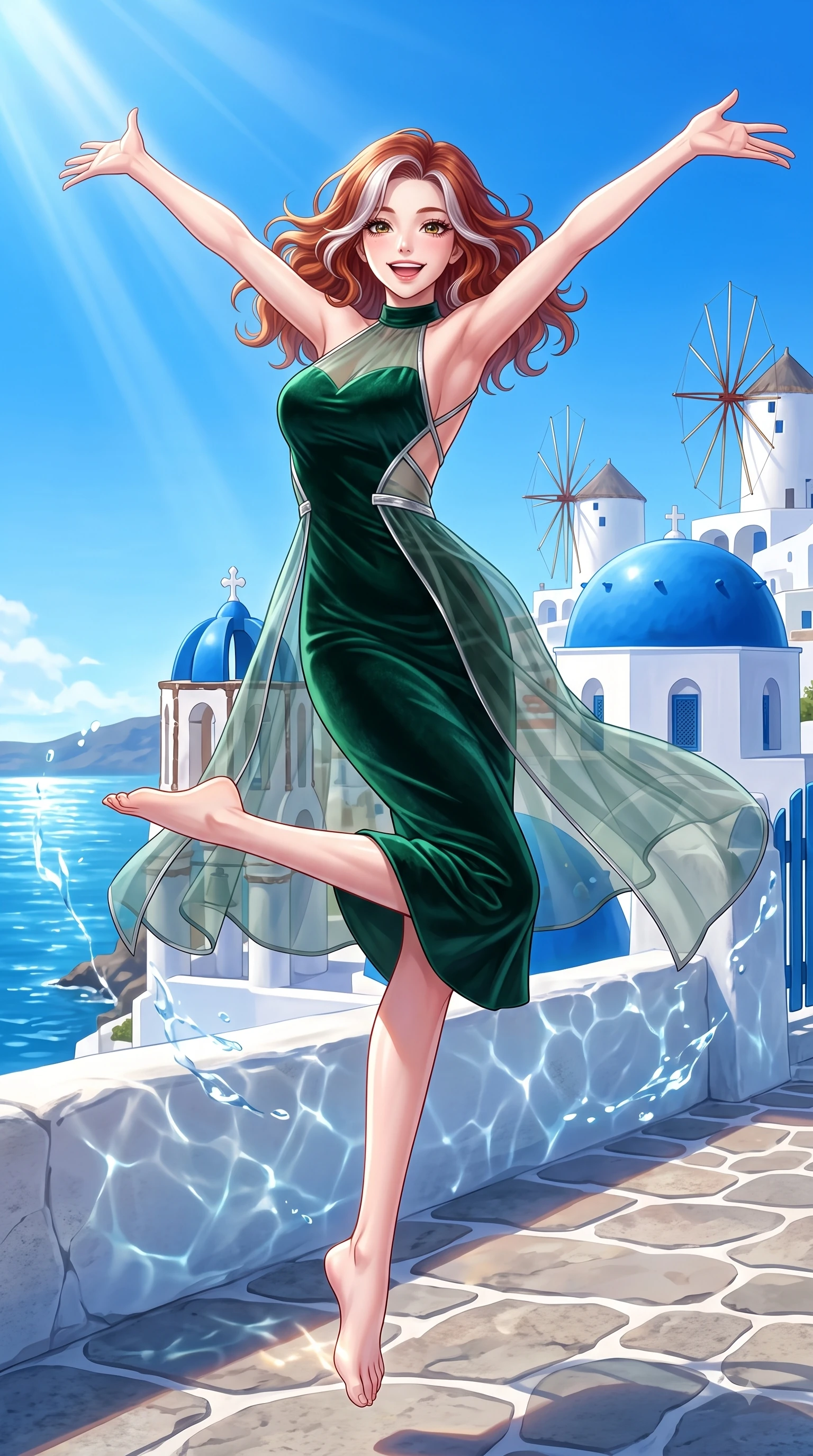 score_9, masterpiece, best quality, ultra-detailed, high-budget anime keyframe, editorial fashion photography, tasteful artistic composition, Caucasian woman. low angle full-body shot from head to toe showing her feet, filling the entire 9:16 vertical frame with her statuesque presence, stretching her vertical silhouette. performing a cheerful mid-air rotation with flawless poise, her radiant smile capturing pure happy energy while leaping playfully with a bright smile in front of iconic blue-domed churches and white windmills, glistening water reflections dancing dynamically across whitewashed stone walls. She has an absolutely perfect, statuesque 8.5-heads proportion, an exceptionally tall and slender model-like female figure with impossibly long slender legs and an ultra-slim waist. sharp v-shaped jawline, high-bridge nose, intricate jewel-like eyes with depth, thick eyelashes, glossy lips with a natural sheen, flawlessly proportioned anatomical accuracy, natural body alignment, perfectly sculpted elegant limbs, clean dynamic posture without body distortion. wearing a velvet halter-neck midi dress following her form like a glove in deep emerald green and silver accent, woven from fine semi-opaque sheer organza, complemented by criss-cross back straps highlighting her bare shoulders, the sleek second-skin texture accentuating her magnetic presence. bathed in bright white Mediterranean sunbeams and deep blue sky refractions. highly saturated vibrant anime colors, detailed shading with soft gradients, rich glossy textures, high-contrast stereoscopic depth, volumetric dynamic lighting, master piece, 9:16 ratio